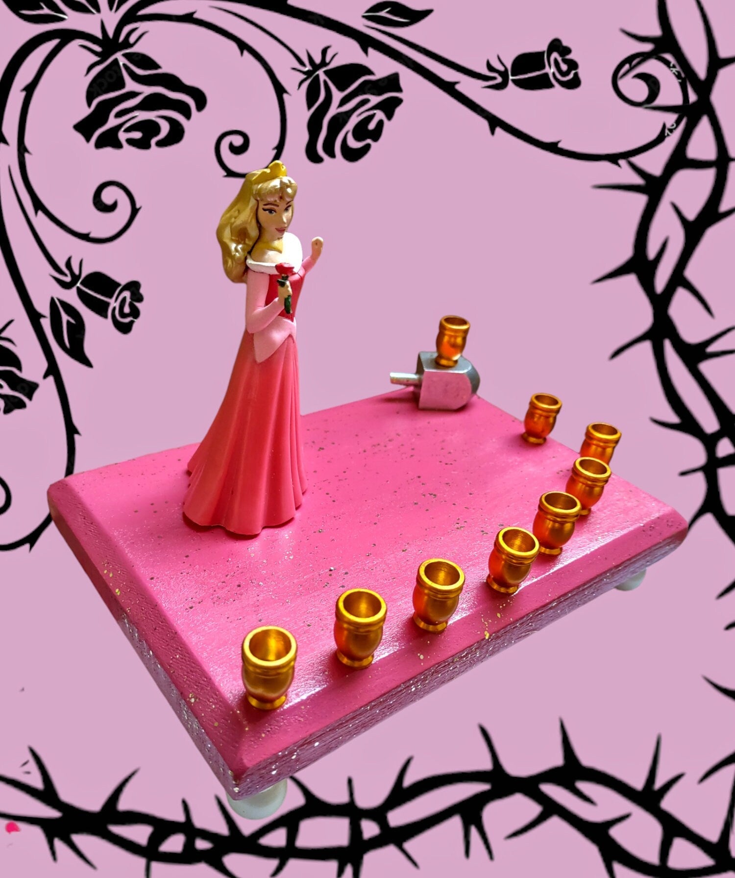 Sleeping Beauty menorah — Princess Aurora figure on glittered painted plaque | Judaica Square Lakewood (view 3)