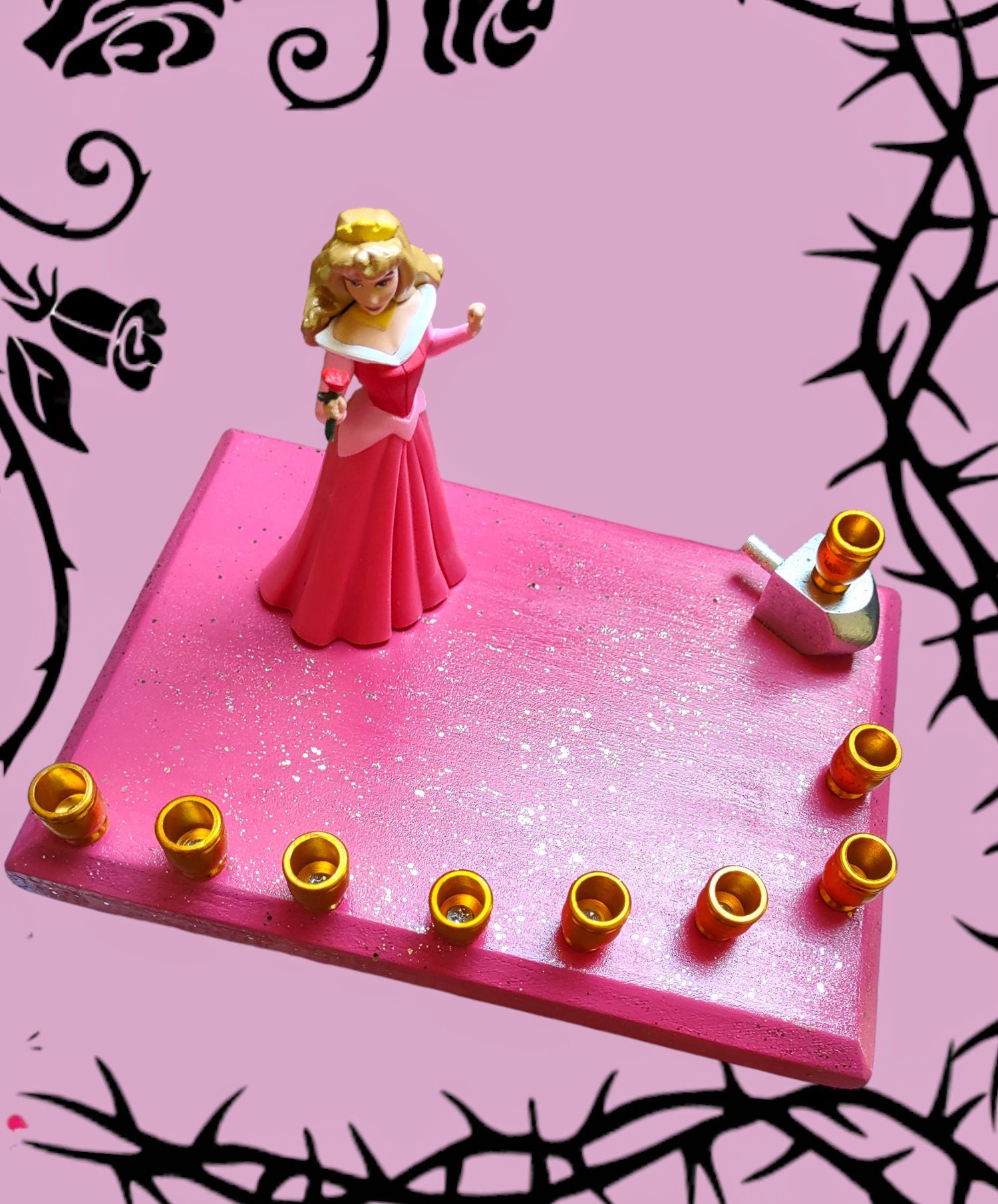 Sleeping Beauty menorah — Princess Aurora figure on glittered painted plaque | Judaica Square Lakewood (view 4)