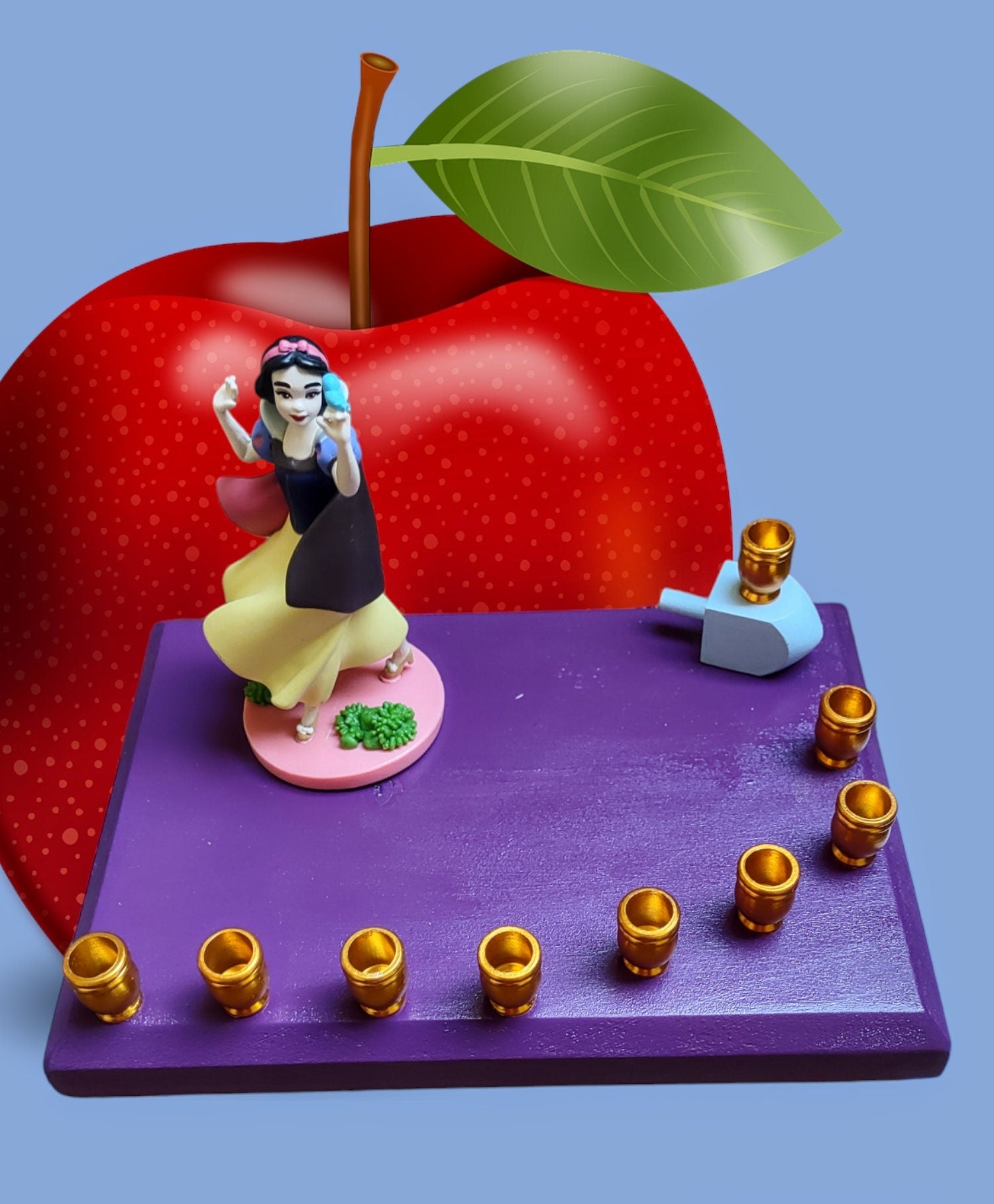 Snow White menorah — vintage Disney figure on red glitter base with blue cups | Judaica Square Lakewood (view 3)