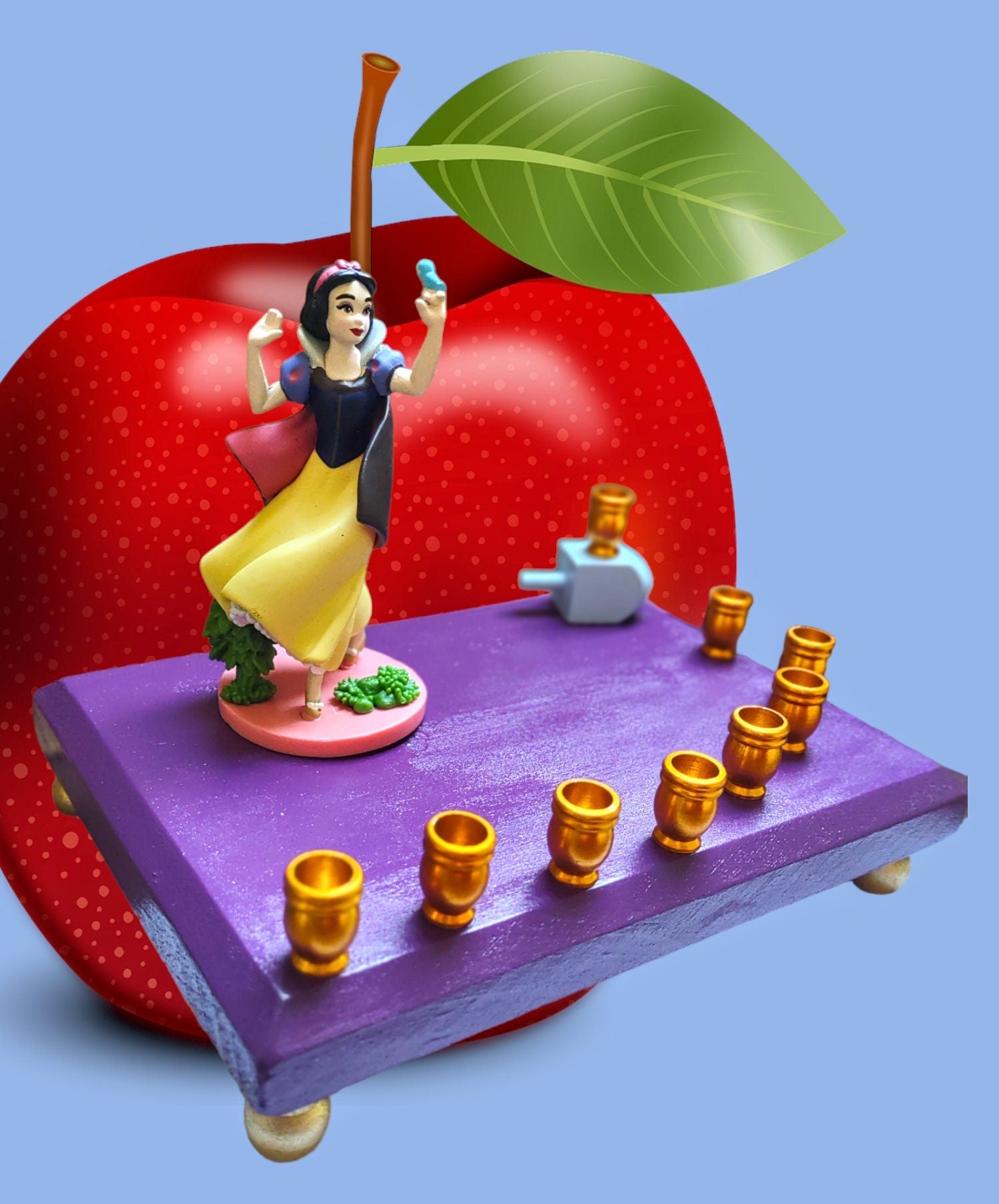Snow White menorah — vintage Disney figure on red glitter base with blue cups | Judaica Square Lakewood (view 2)