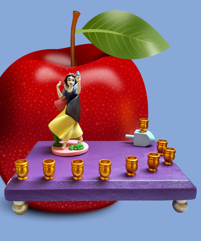 Snow White menorah — vintage Disney figure on red glitter base with blue cups | Judaica Square Lakewood