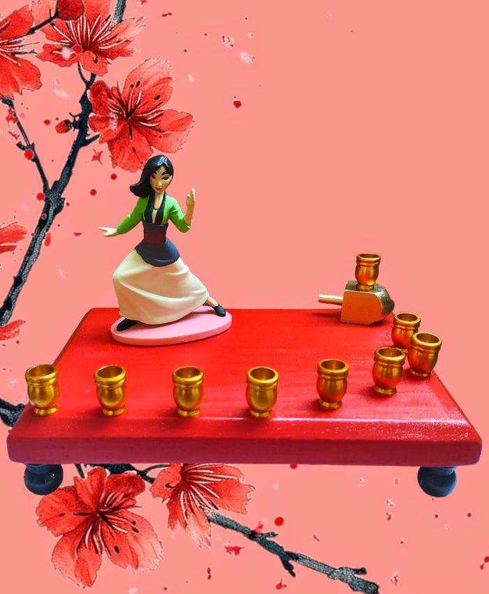 Mulan menorah — repurposed Disney figure on painted rectangular base with dreidel | Judaica Square Lakewood