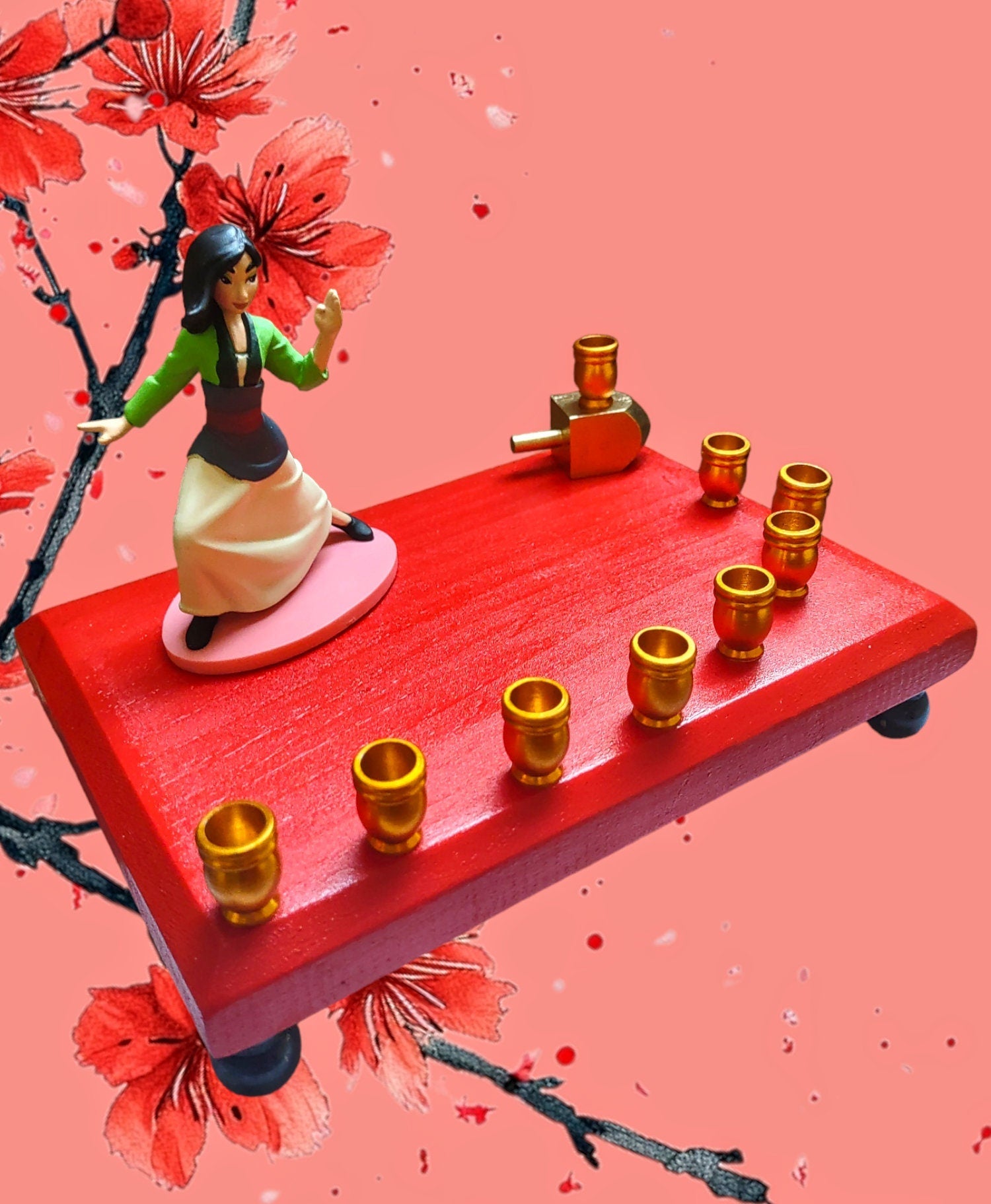 Mulan menorah — repurposed Disney figure on painted rectangular base with dreidel | Judaica Square Lakewood (view 3)