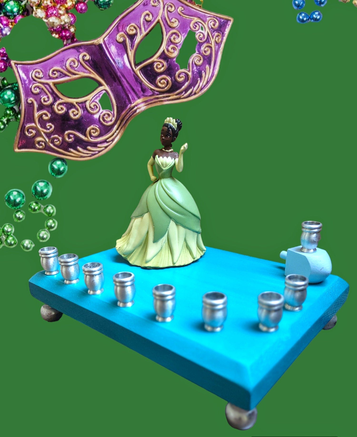 Tiana menorah — Princess and the Frog figure in green gown with aluminum cups | Judaica Square Lakewood (view 2)