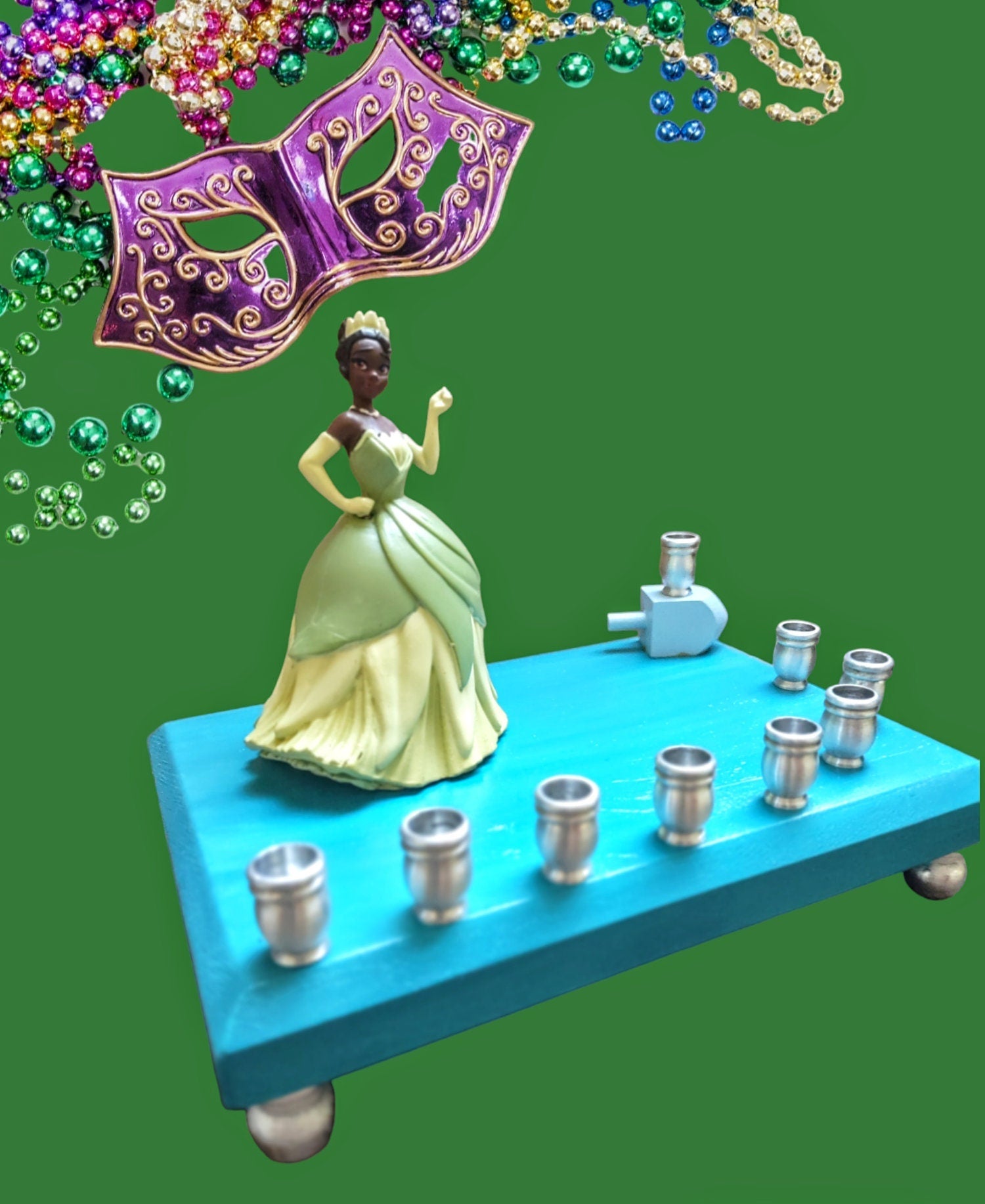 Tiana menorah — Princess and the Frog figure in green gown with aluminum cups | Judaica Square Lakewood (view 3)