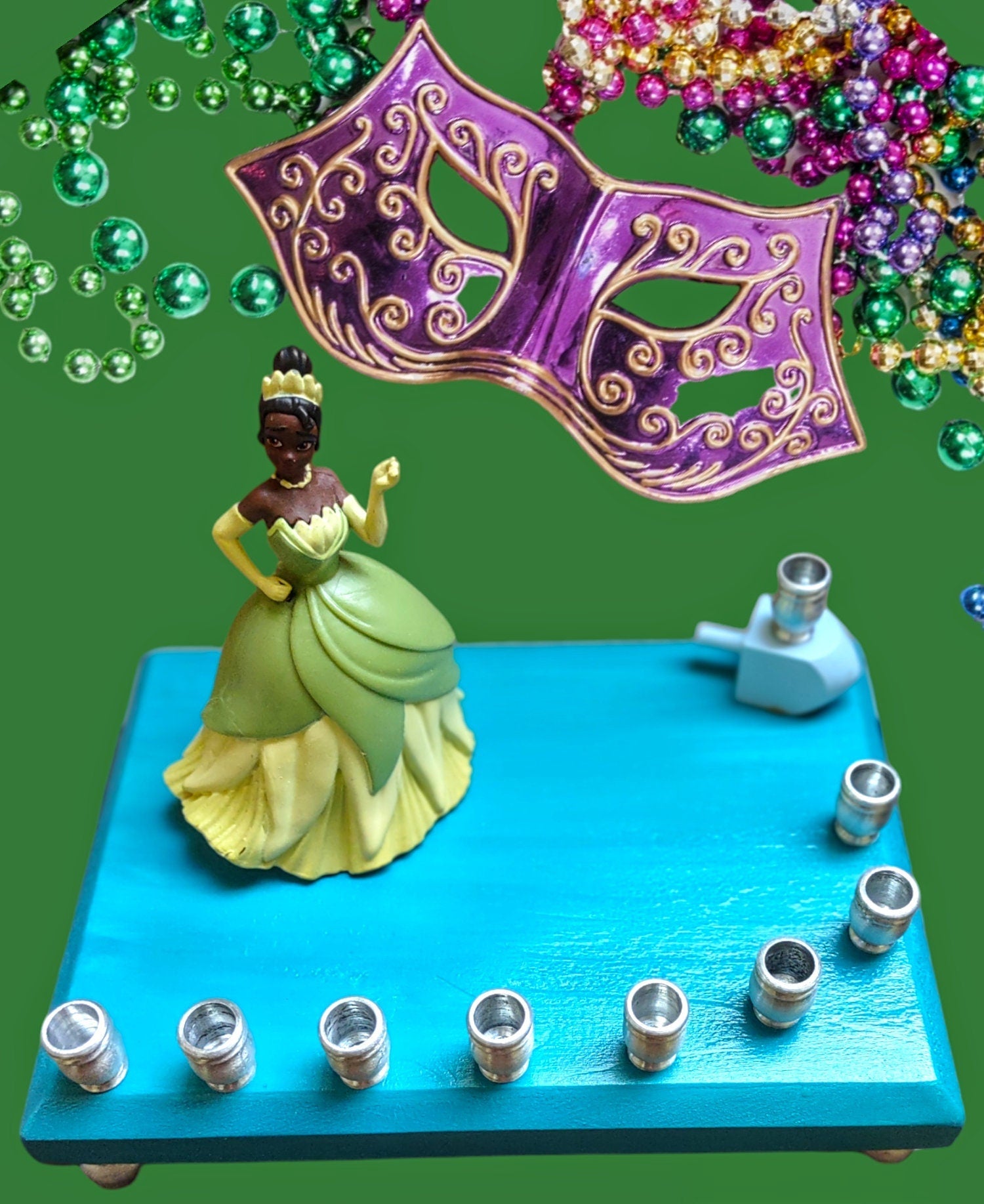 Tiana menorah — Princess and the Frog figure in green gown with aluminum cups | Judaica Square Lakewood (view 4)