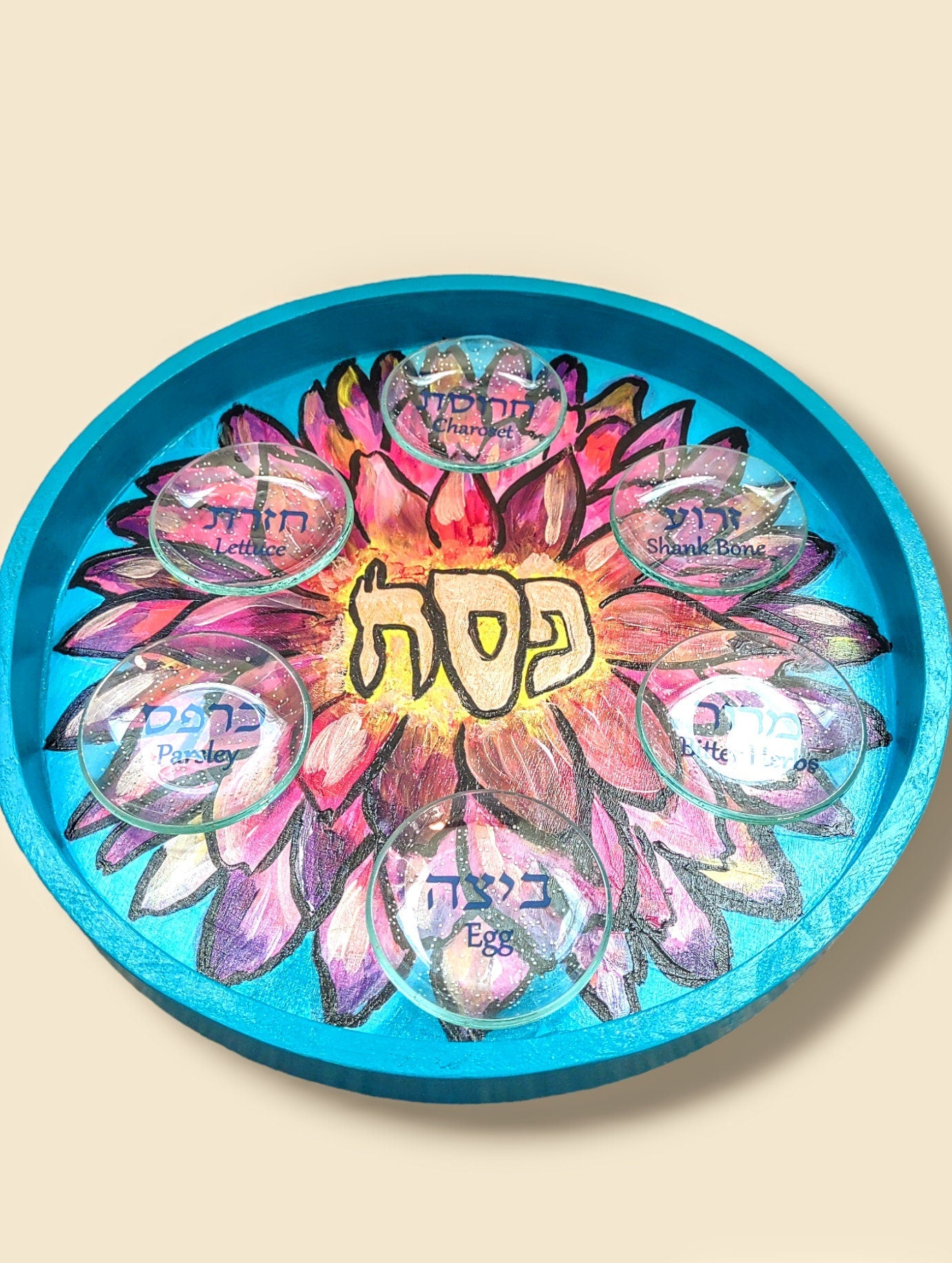 Spring flower seder plate — hand-painted hardwood with Hebrew and English bowls | Judaica Square Lakewood (view 3)