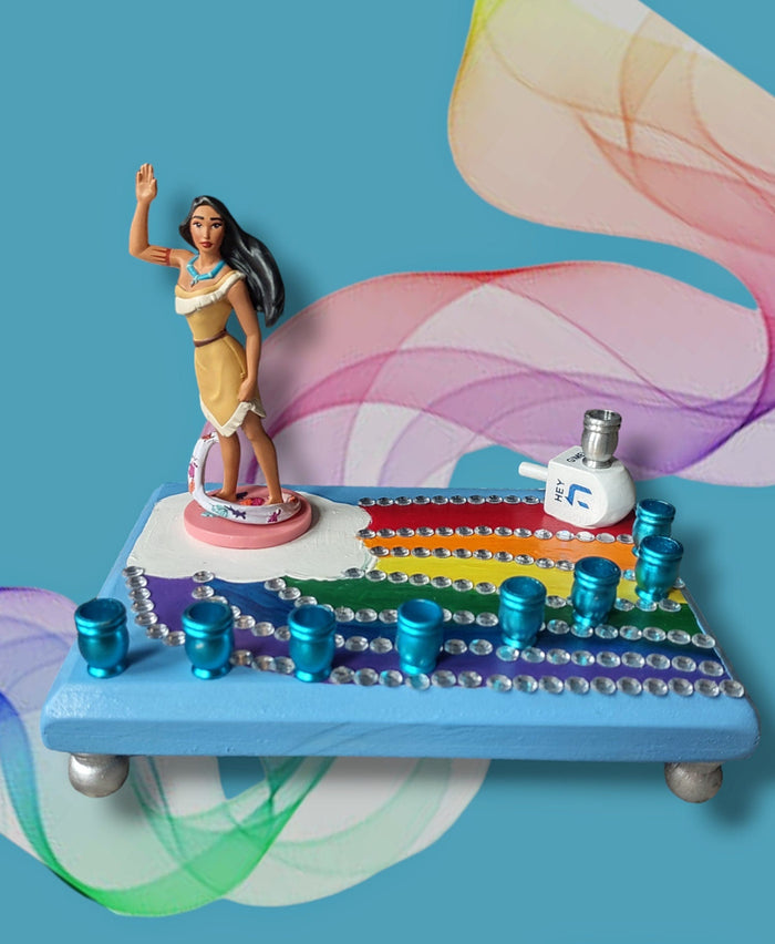 Pocahontas menorah — repurposed Disney princess figure with wood dreidel shamash | Judaica Square Lakewood
