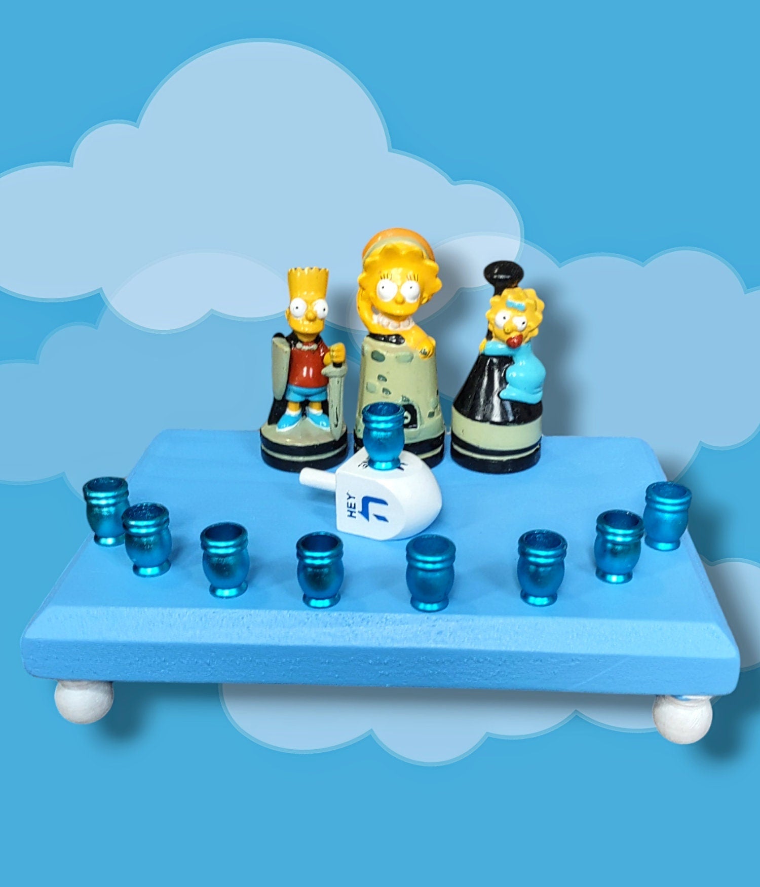Simpsons kids menorah — Bart, Lisa and Maggie chess figures with blue aluminum cups | Judaica Square Lakewood (view 4)