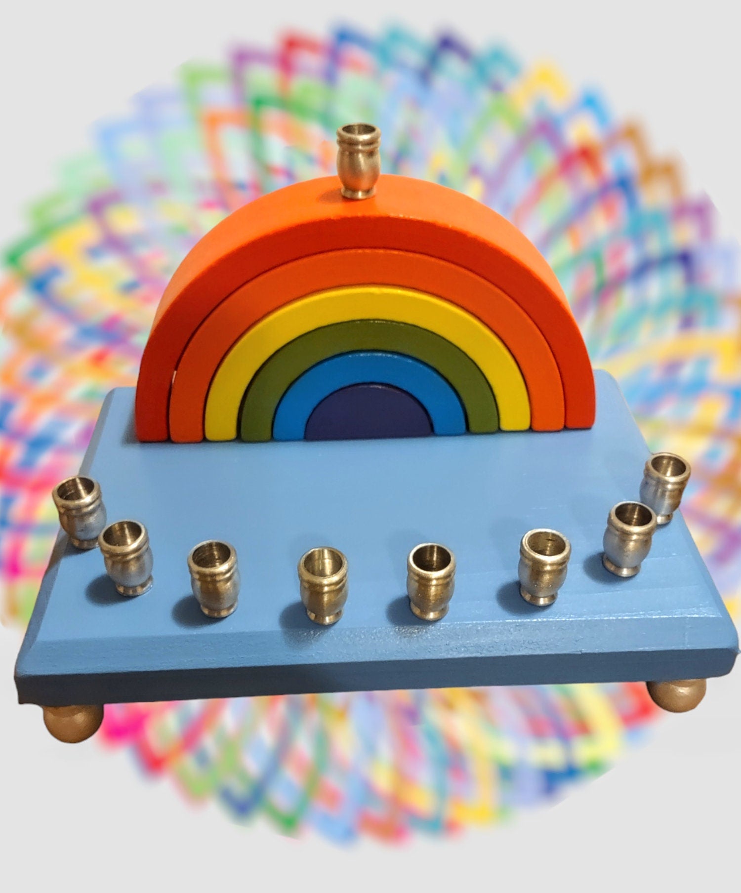 Rainbow Block Menorah — stacked colored wood blocks with silver aluminum candle cups | Judaica Square Lakewood (view 2)