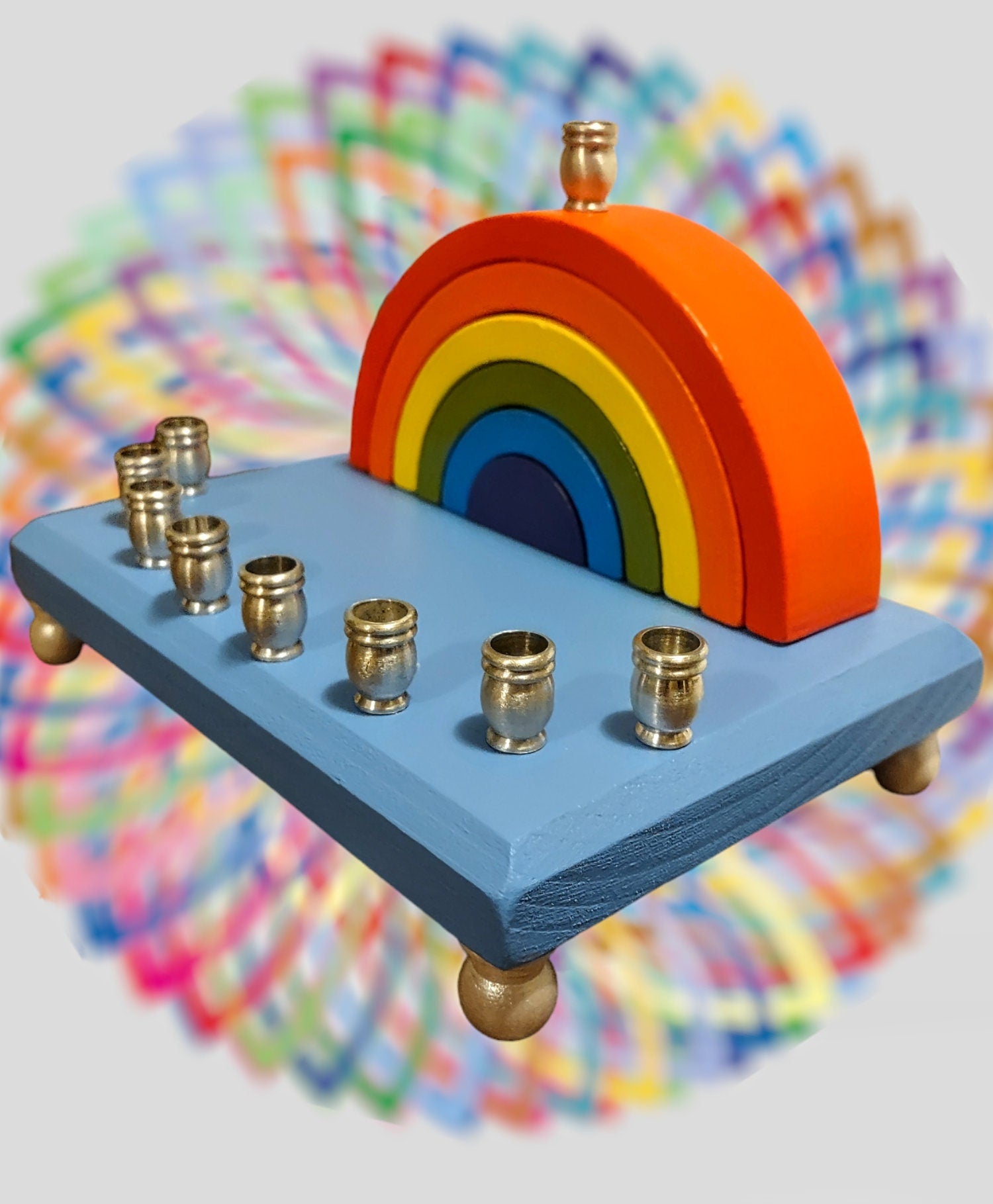 Rainbow Block Menorah — stacked colored wood blocks with silver aluminum candle cups | Judaica Square Lakewood (view 4)