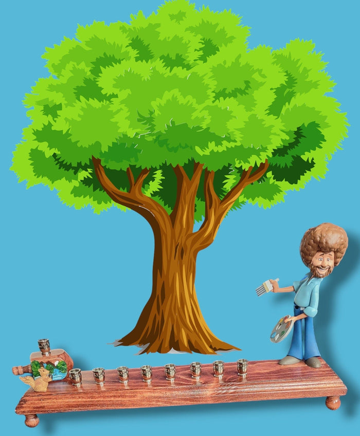 Collector Bob Ross menorah — figure with palette, squirrel and hand-painted dreidel | Judaica Square Lakewood
