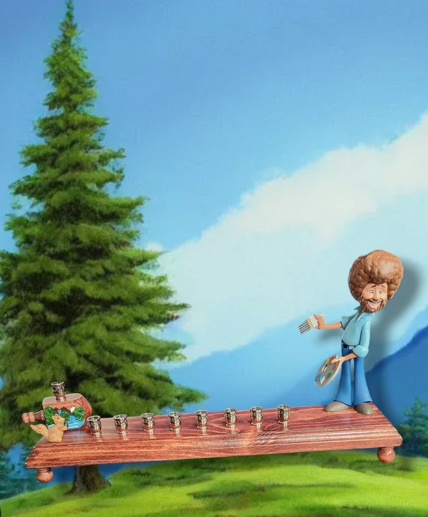 Collector Bob Ross menorah — figure with palette, squirrel and hand-painted dreidel | Judaica Square Lakewood (view 3)