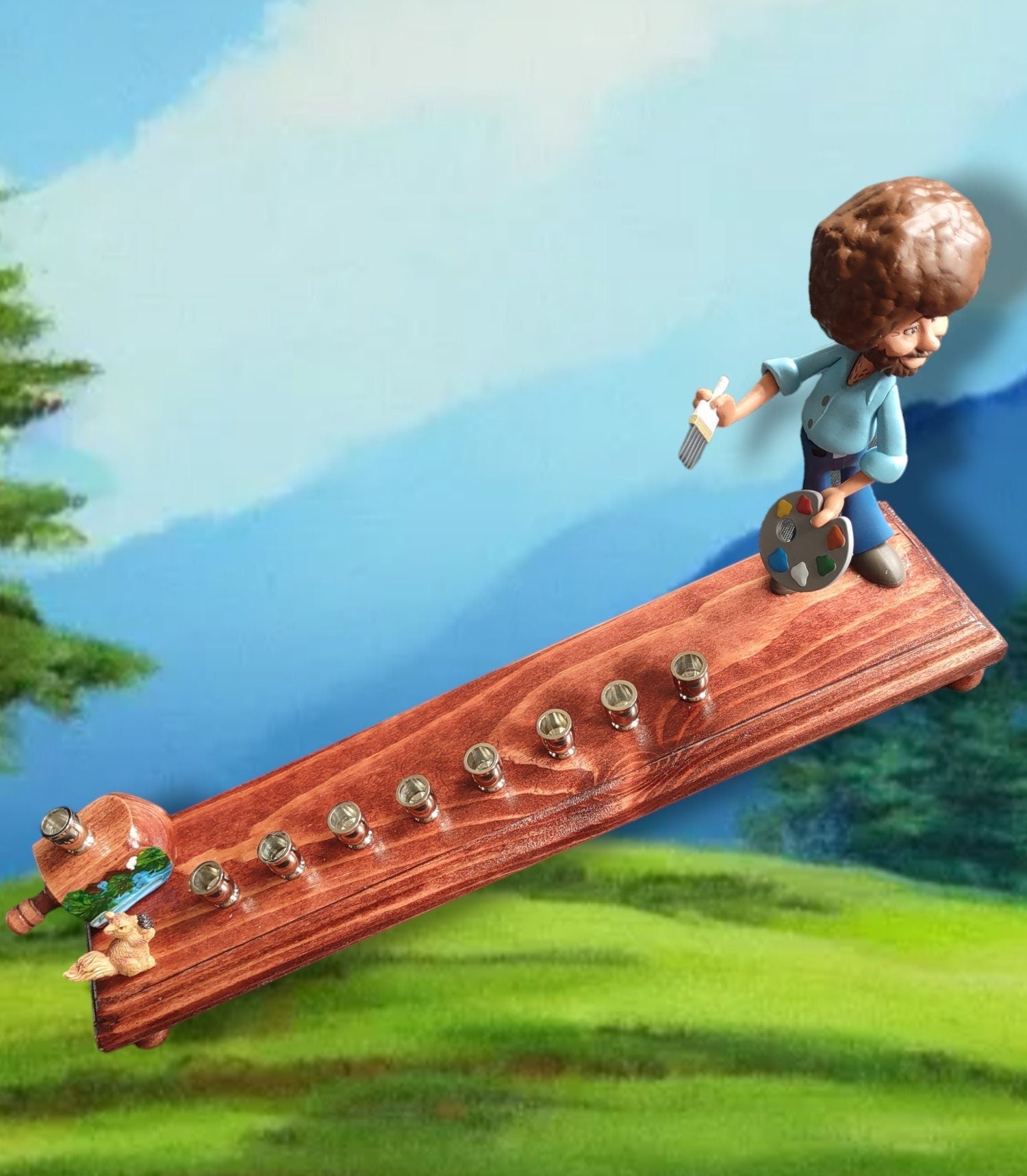 Collector Bob Ross menorah — figure with palette, squirrel and hand-painted dreidel | Judaica Square Lakewood (view 4)