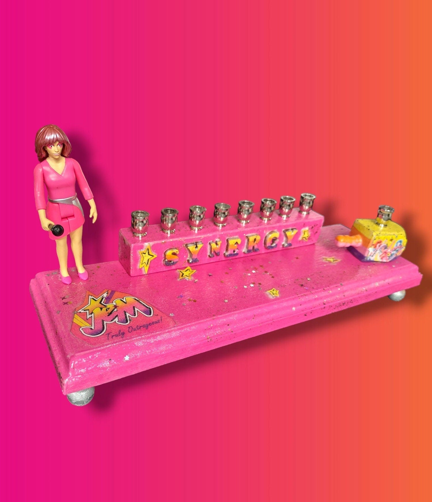 Jem menorah — Jem figure with painted SYNERGY letters and decoupage dreidel | Judaica Square Lakewood (view 3)