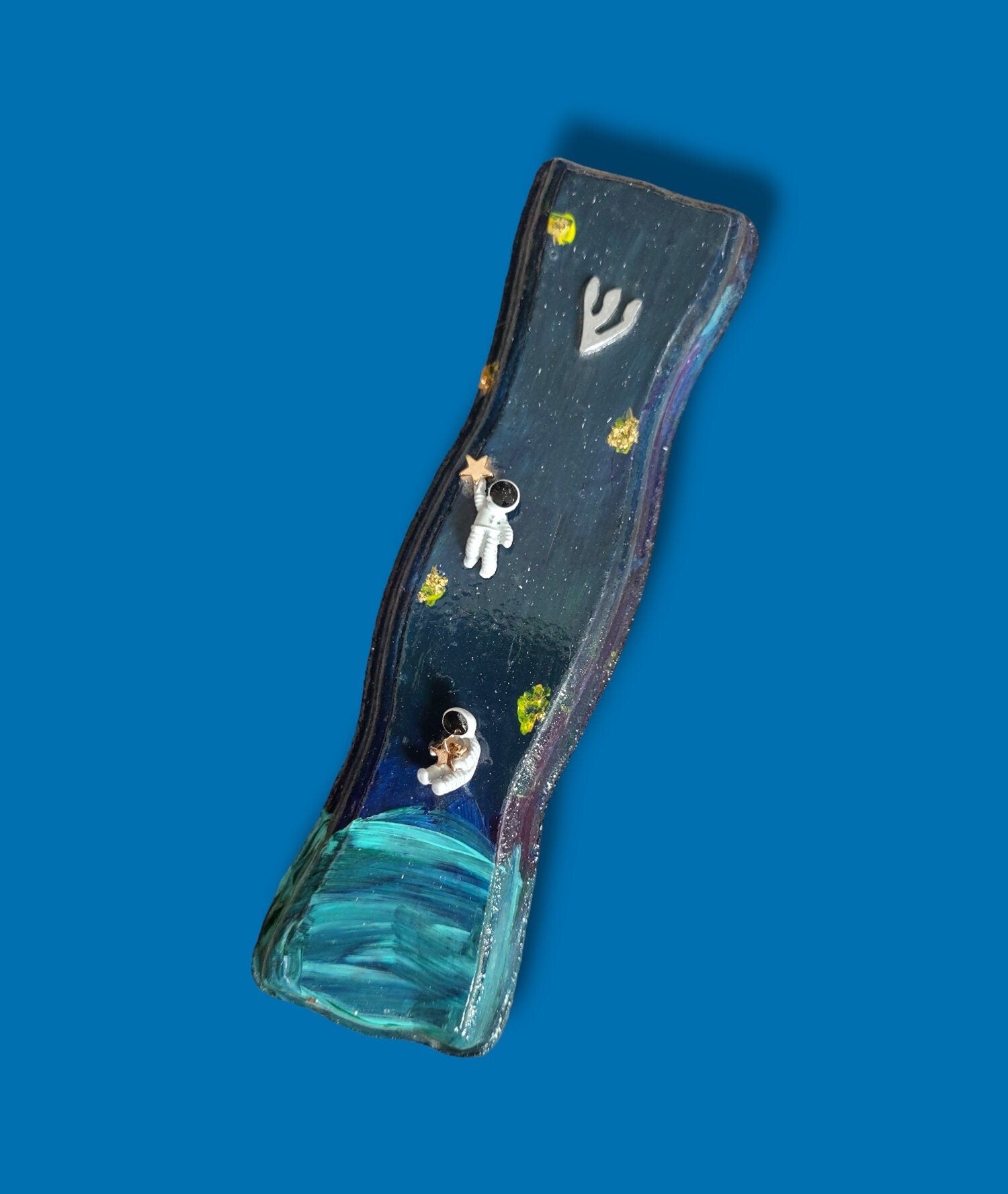 Astronaut mezuzah case — sparkly black poured acrylic wood with silver astronaut charms | Judaica Square Lakewood (view 4)
