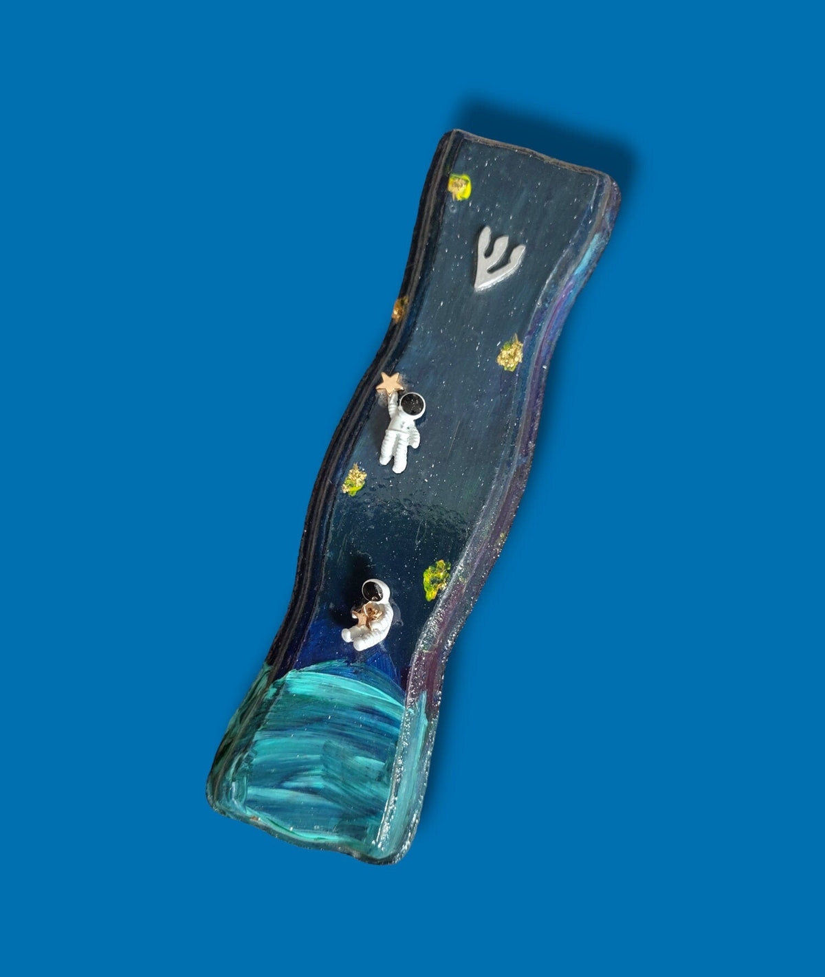 Astronaut mezuzah case — sparkly black poured acrylic wood with silver astronaut charms | Judaica Square Lakewood (view 4)