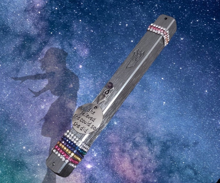 Inspirational quote mezuzah case in aluminum with a repurposed pin and rhinestones | Judaica Square Lakewood (view 2)