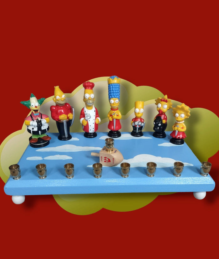 Simpsons Menorah — Homer and family chess figures on a wood plaque | Judaica Square Lakewood