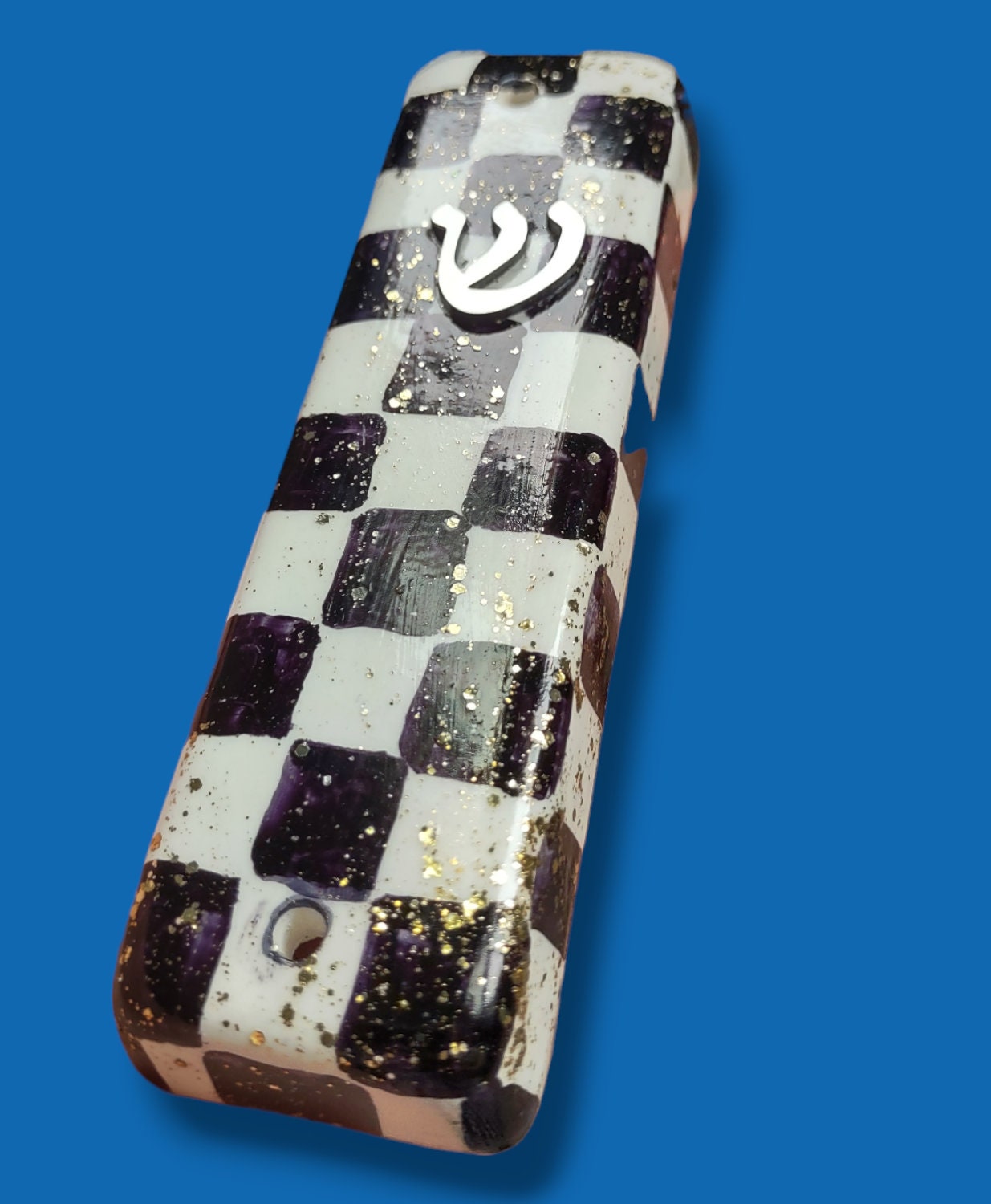 Glitter checkerboard mezuzah case — glittered ceramic checks with silicone flower and shin | Judaica Square Lakewood (view 5)