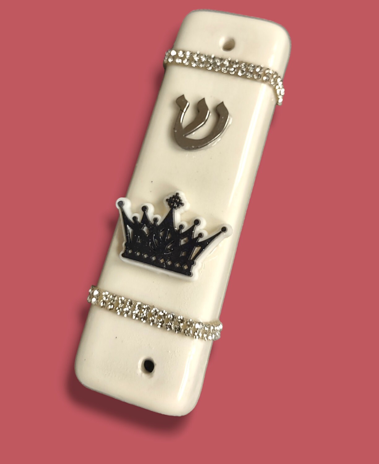 Ceramic checkerboard mezuzah case — checked glaze with rhinestones and a metal shin | Judaica Square Lakewood (view 4)