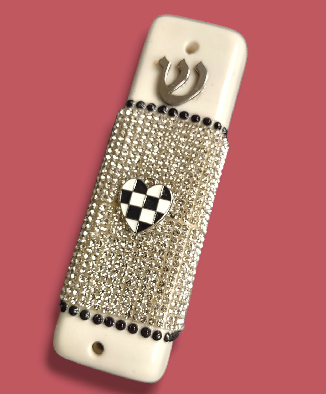 Ceramic checkerboard mezuzah case — checked glaze with rhinestones and a metal shin | Judaica Square Lakewood (view 5)