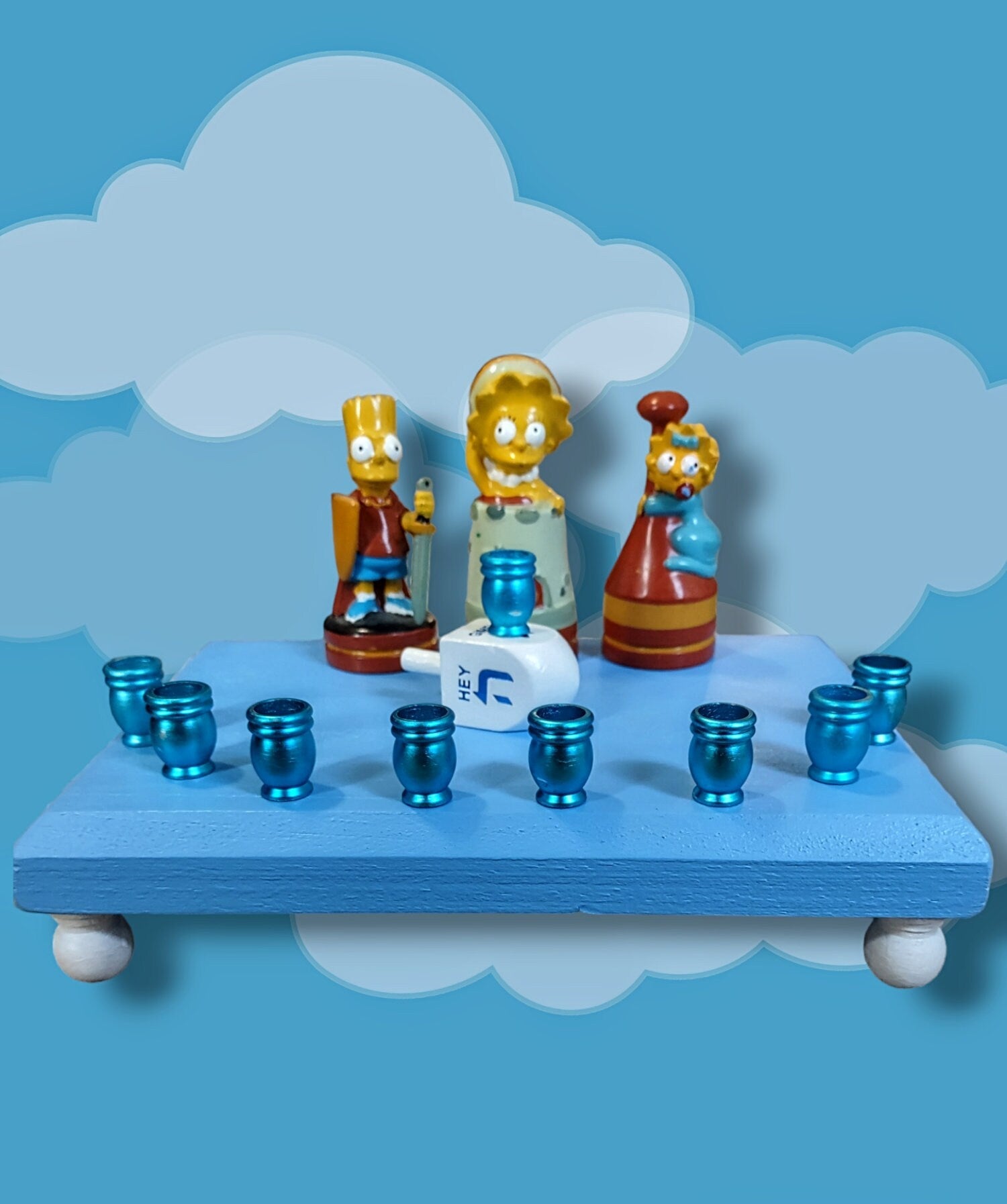 Simpsons kids menorah — Bart, Lisa and Maggie chess figures with blue aluminum cups | Judaica Square Lakewood (view 5)