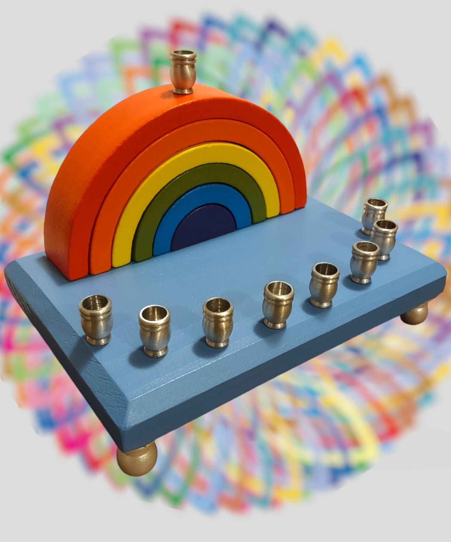 Rainbow Block Menorah — stacked colored wood blocks with silver aluminum candle cups | Judaica Square Lakewood (view 3)