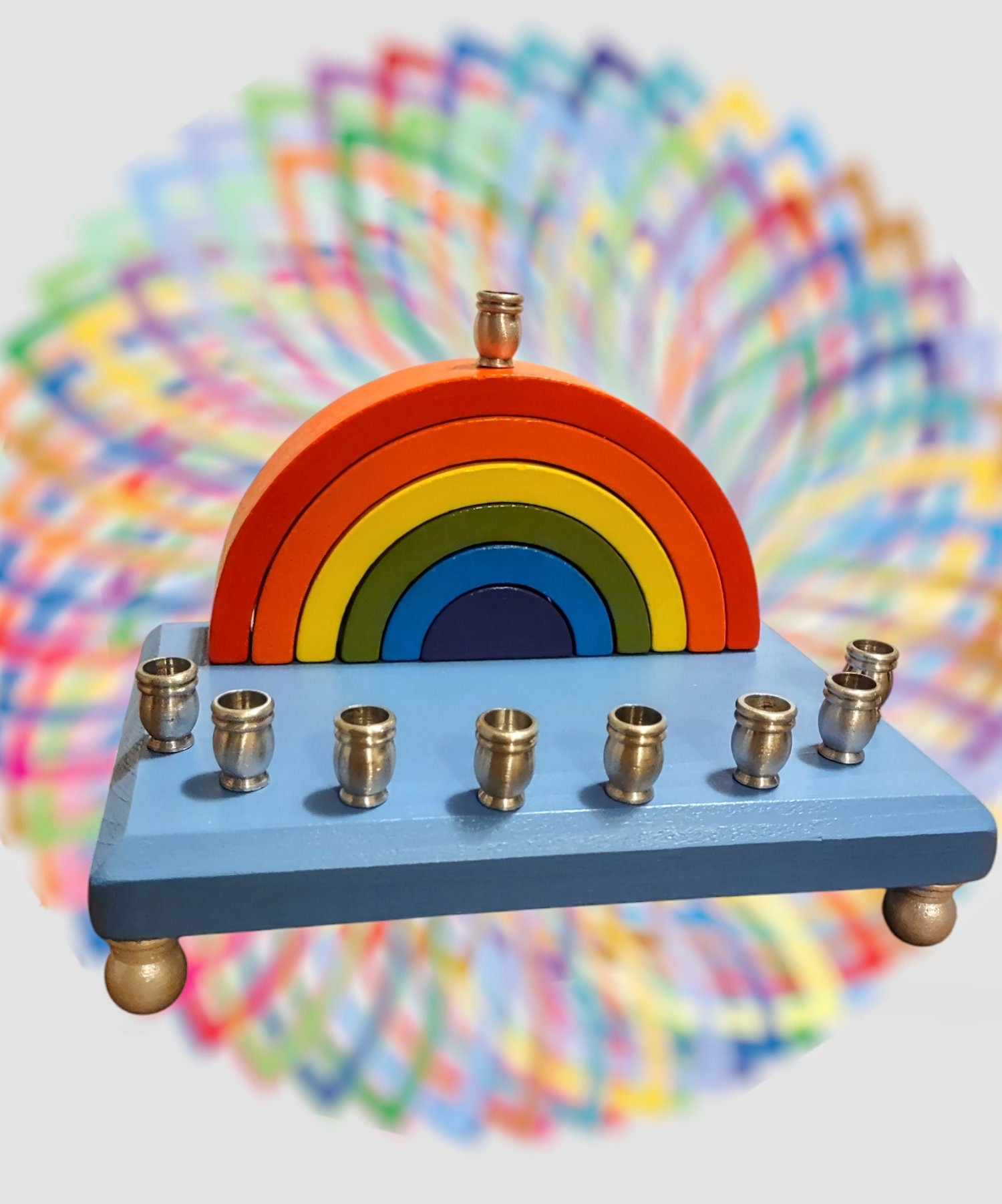 Rainbow Block Menorah — stacked colored wood blocks with silver aluminum candle cups | Judaica Square Lakewood (view 5)
