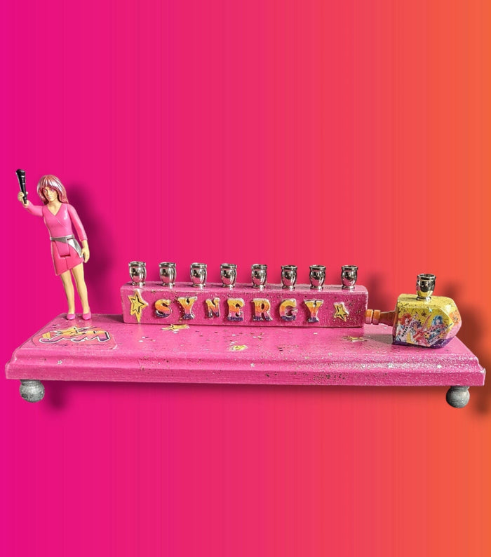 Jem menorah — Jem figure with painted SYNERGY letters and decoupage dreidel | Judaica Square Lakewood