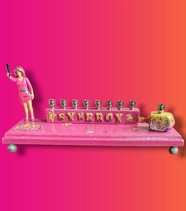 Jem menorah — Jem figure with painted SYNERGY letters and decoupage dreidel | Judaica Square Lakewood