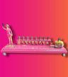 Jem menorah — Jem figure with painted SYNERGY letters and decoupage dreidel | Judaica Square Lakewood