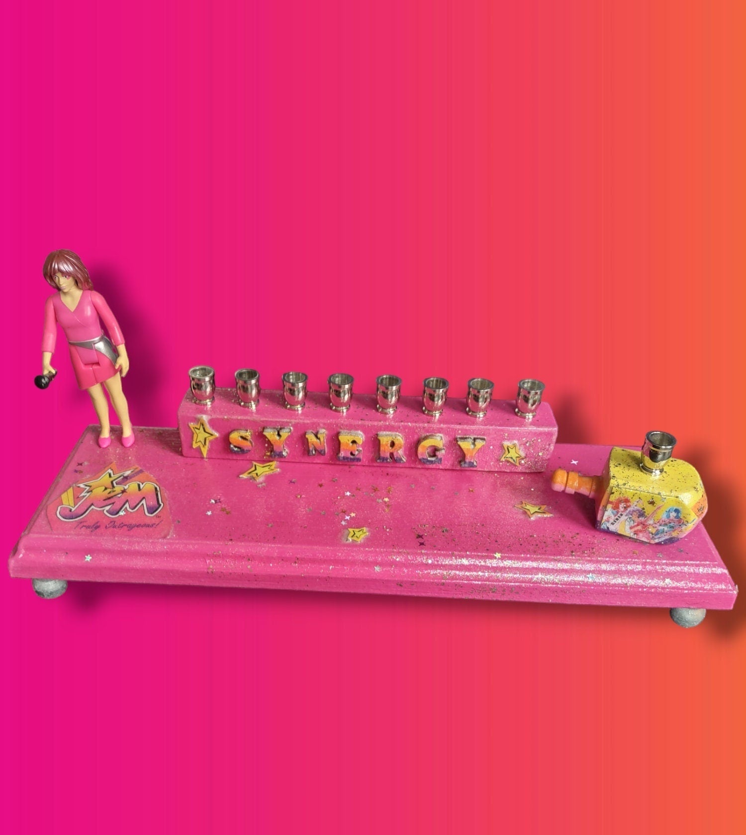 Jem menorah — Jem figure with painted SYNERGY letters and decoupage dreidel | Judaica Square Lakewood (view 2)
