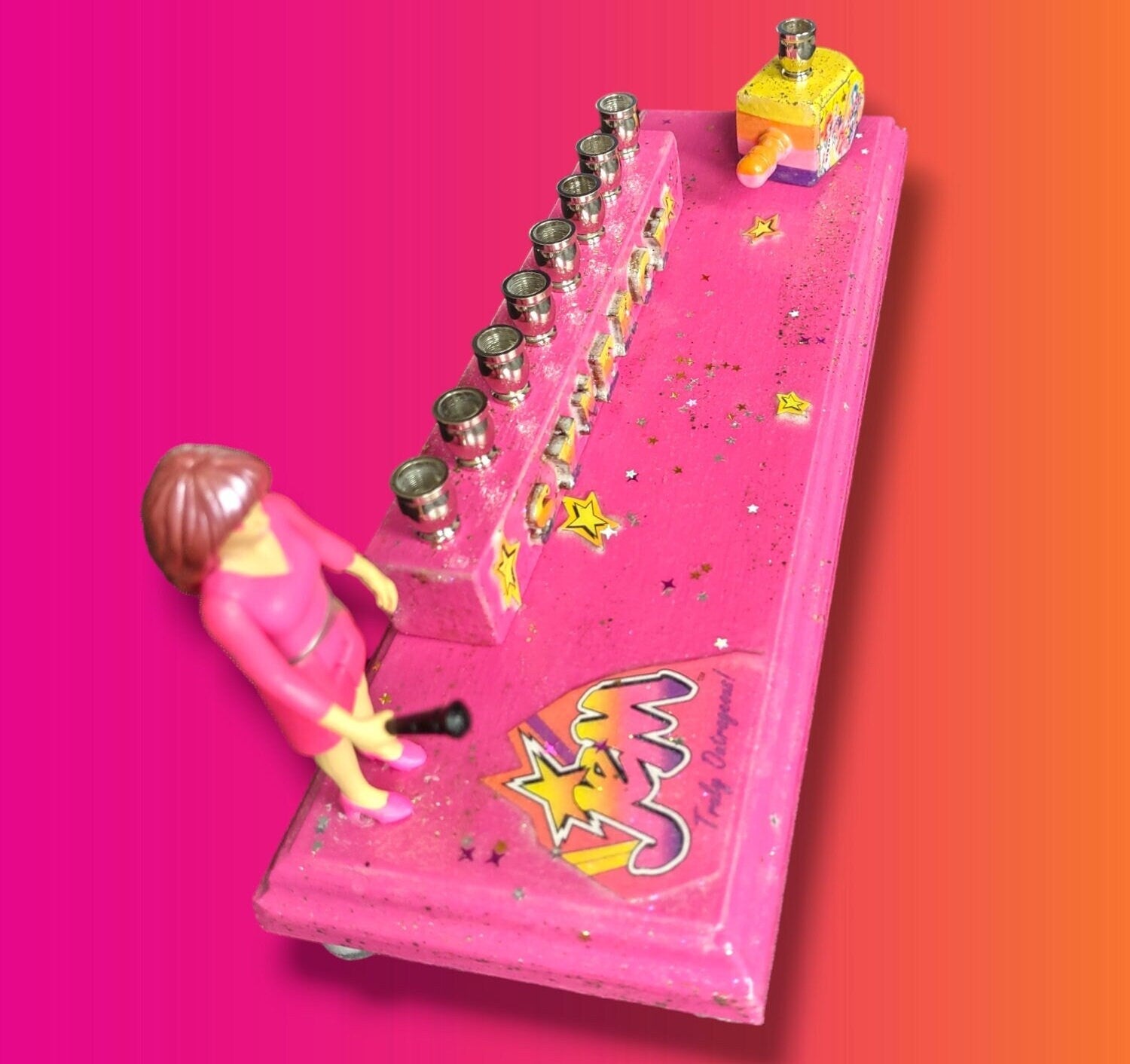 Jem menorah — Jem figure with painted SYNERGY letters and decoupage dreidel | Judaica Square Lakewood (view 5)