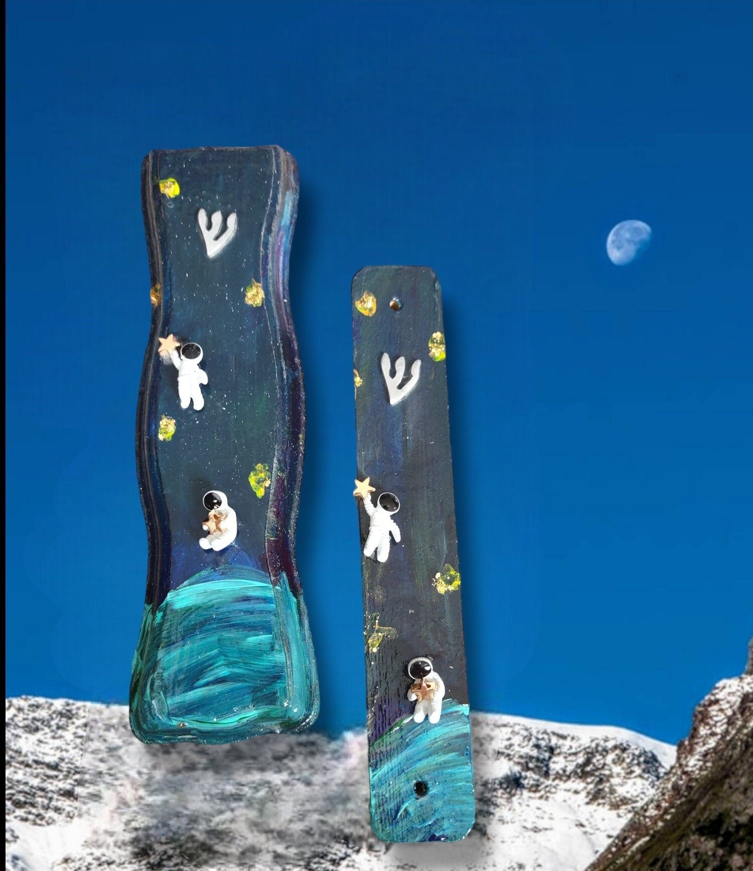 Astronaut mezuzah case — sparkly black poured acrylic wood with silver astronaut charms | Judaica Square Lakewood (view 3)