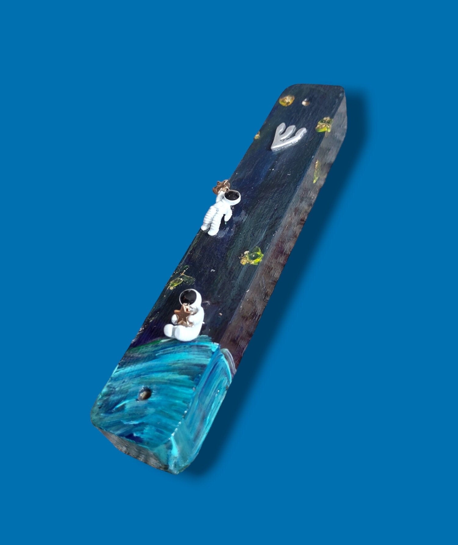 Astronaut mezuzah case — sparkly black poured acrylic wood with silver astronaut charms | Judaica Square Lakewood (view 5)