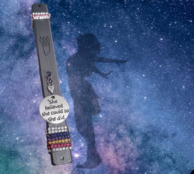 Inspirational quote mezuzah case in aluminum with a repurposed pin and rhinestones | Judaica Square Lakewood