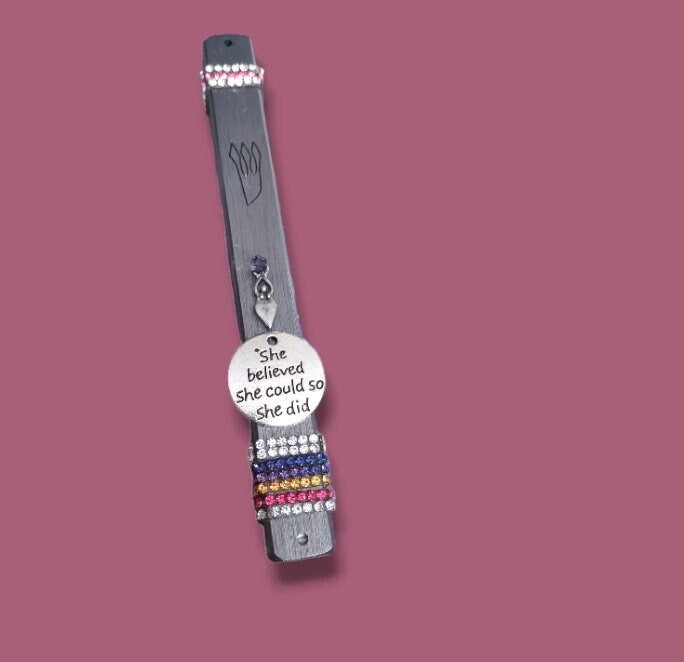 Inspirational quote mezuzah case in aluminum with a repurposed pin and rhinestones | Judaica Square Lakewood (view 3)