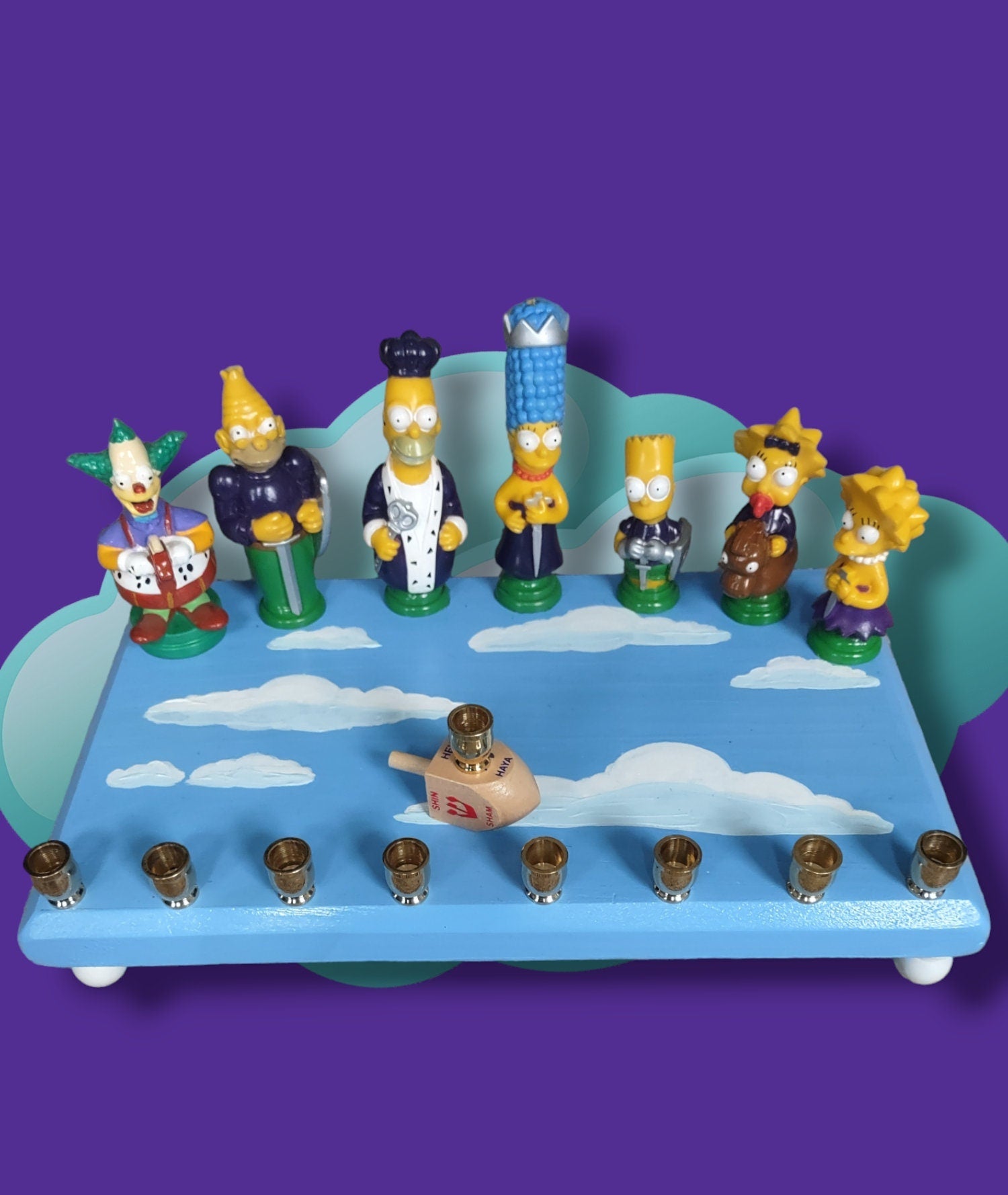 Simpsons Menorah — Homer and family chess figures on a wood plaque | Judaica Square Lakewood (view 5)