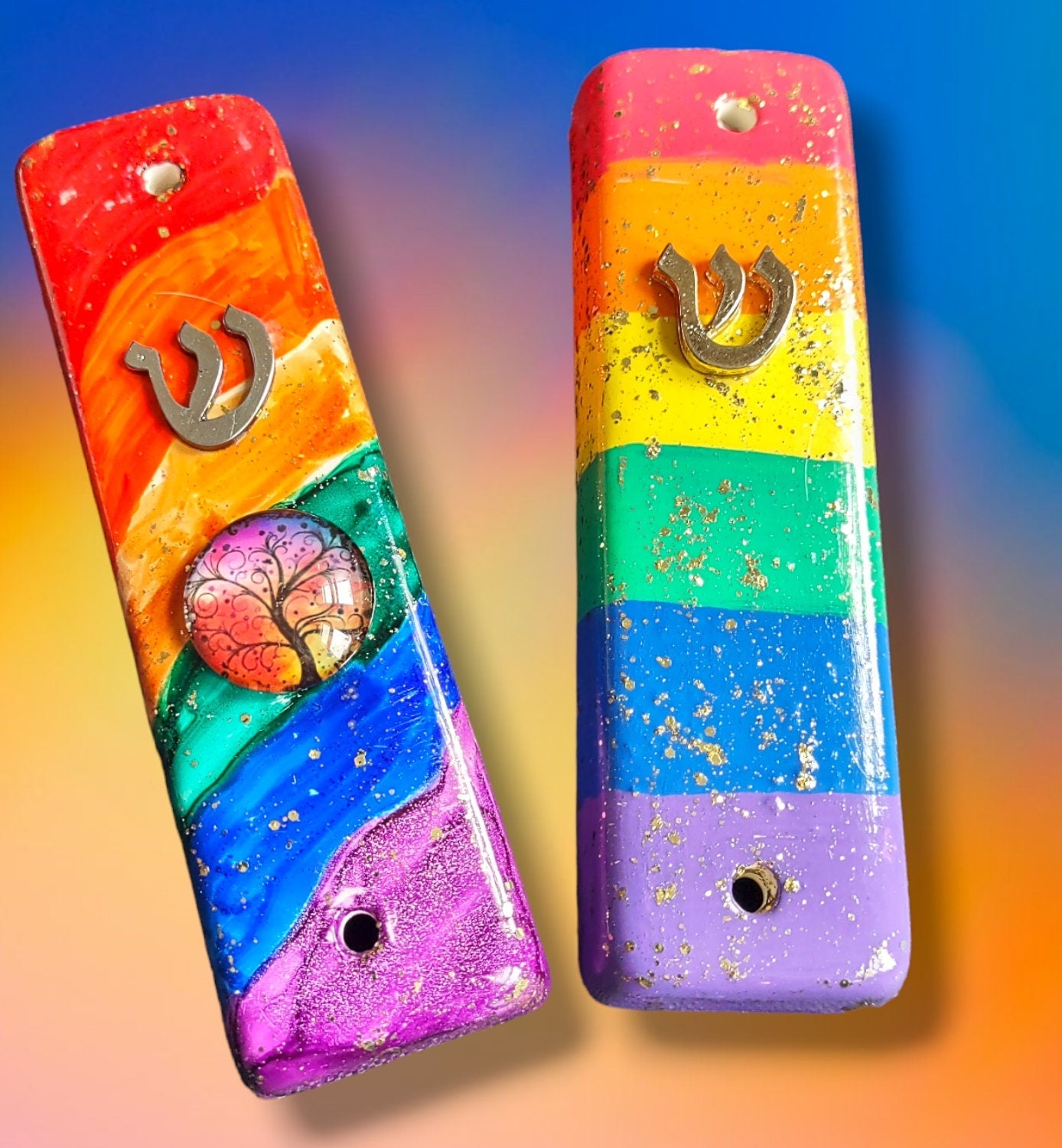 Rainbow ceramic mezuzah case — gold glitter rainbow with metal shin on ceramic | Judaica Square Lakewood (view 2)