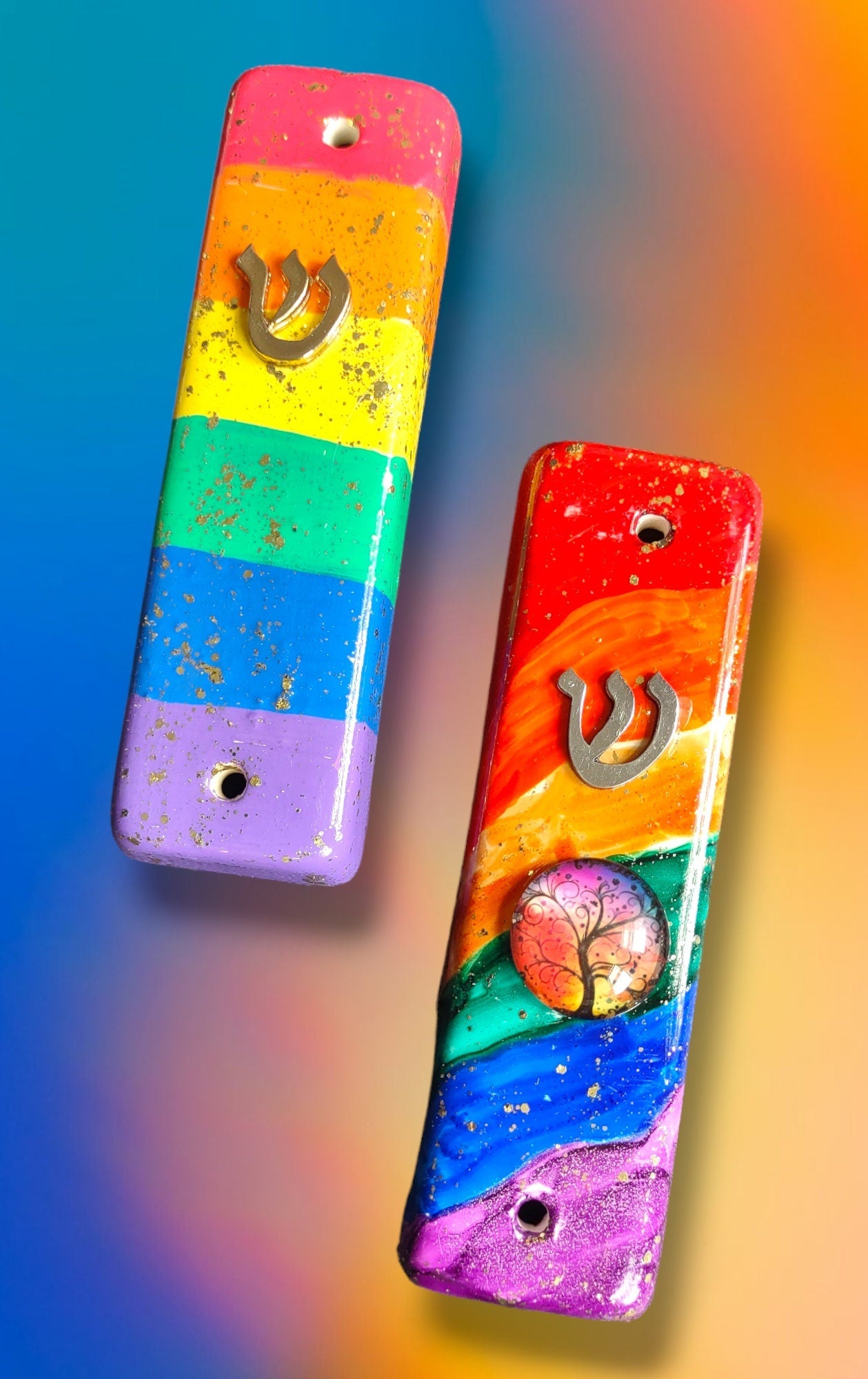 Rainbow ceramic mezuzah case — gold glitter rainbow with metal shin on ceramic | Judaica Square Lakewood (view 3)
