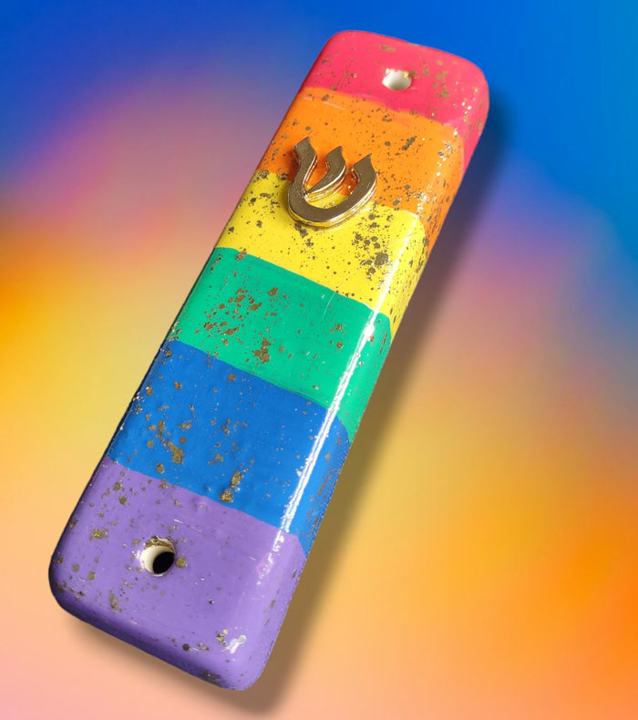Rainbow ceramic mezuzah case — gold glitter rainbow with metal shin on ceramic | Judaica Square Lakewood