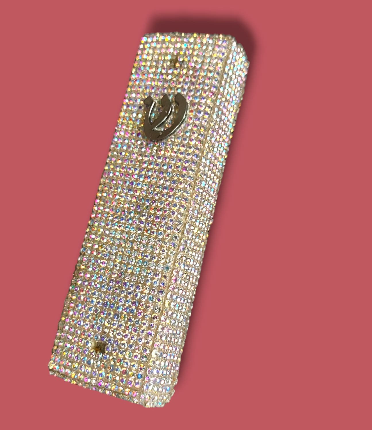 Ceramic checkerboard mezuzah case — checked glaze with rhinestones and a metal shin | Judaica Square Lakewood (view 3)
