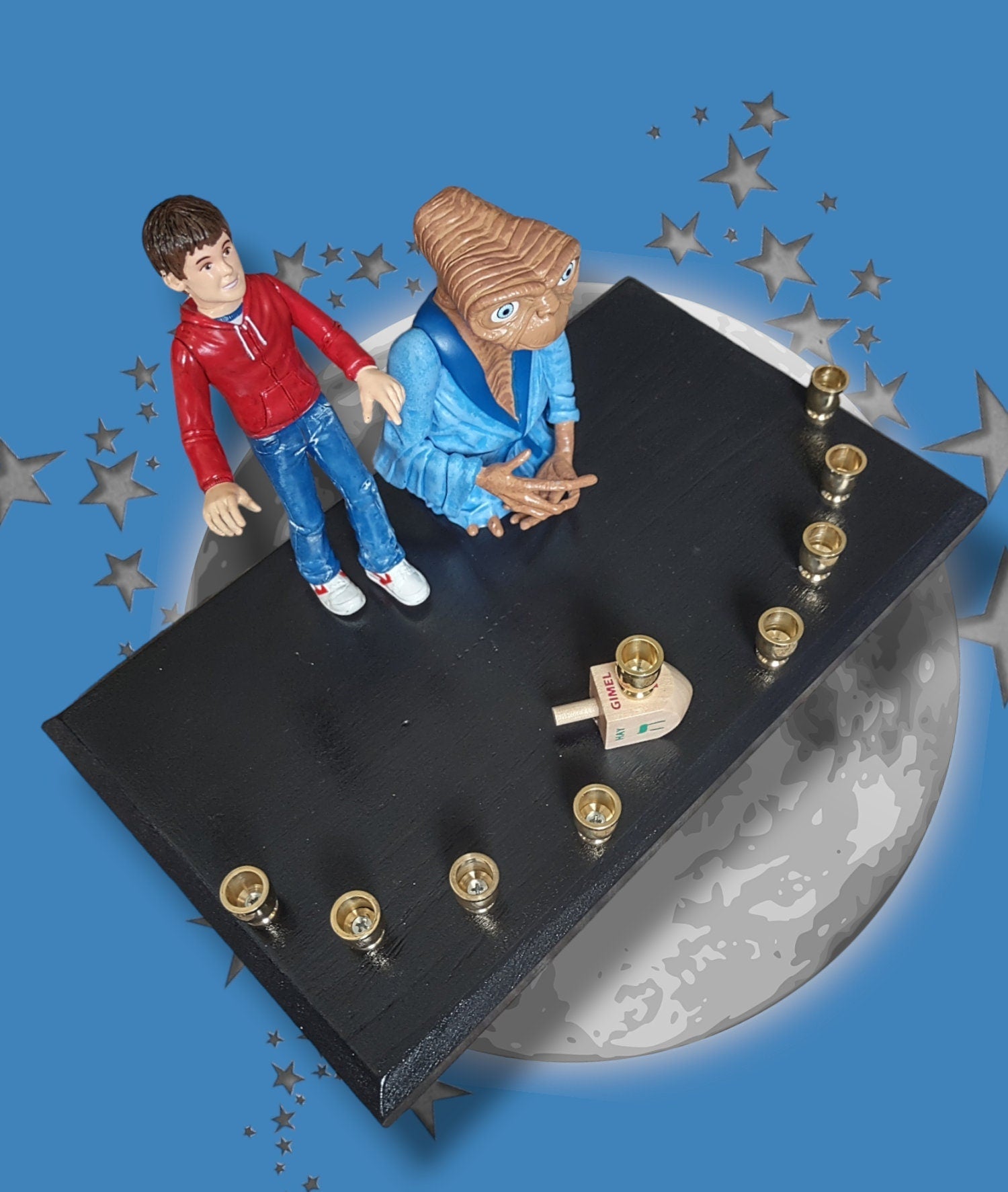Collector E.T. menorah — E.T. and Elliot figures on painted plaque with wood feet | Judaica Square Lakewood (view 3)