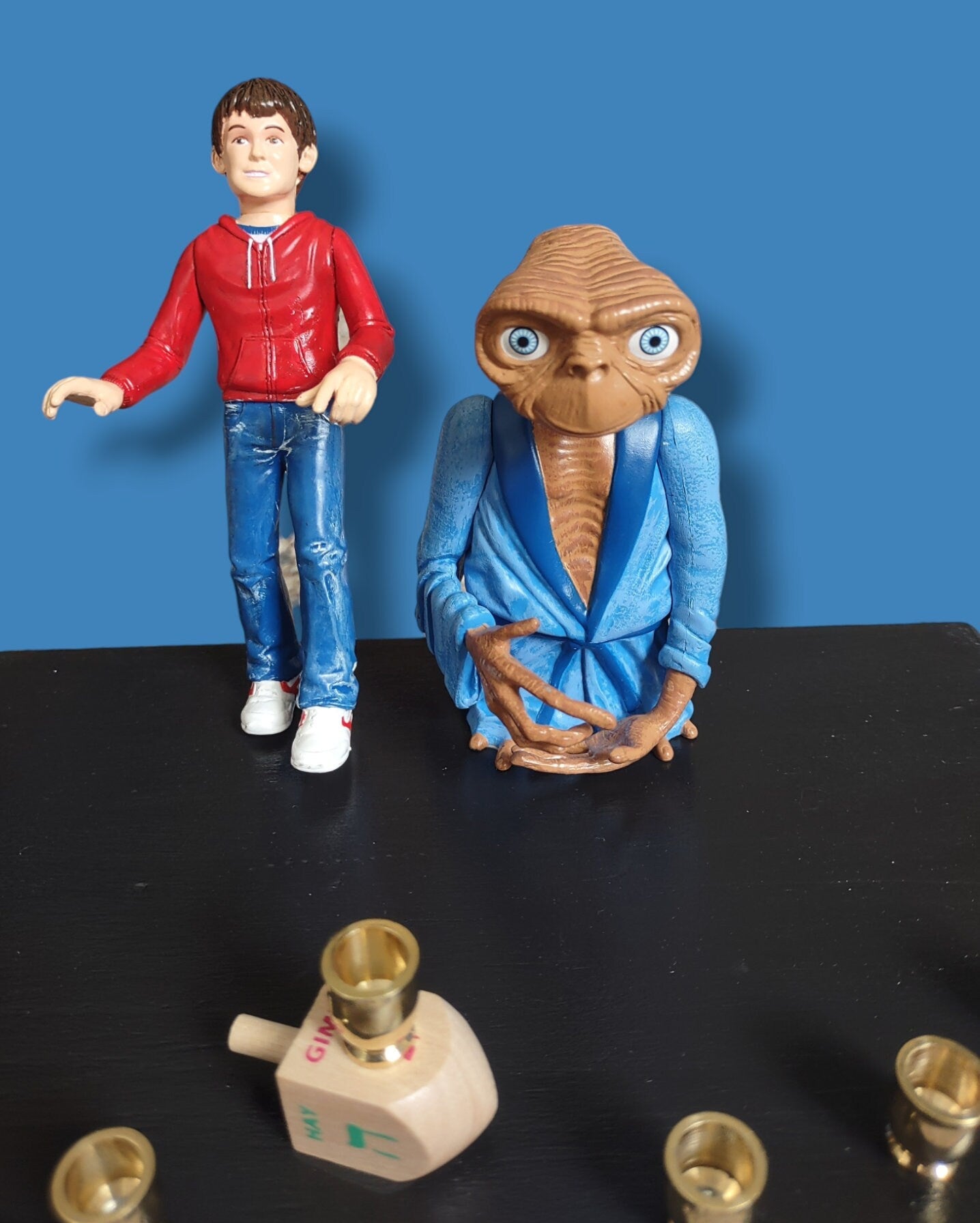 Collector E.T. menorah — E.T. and Elliot figures on painted plaque with wood feet | Judaica Square Lakewood (view 5)