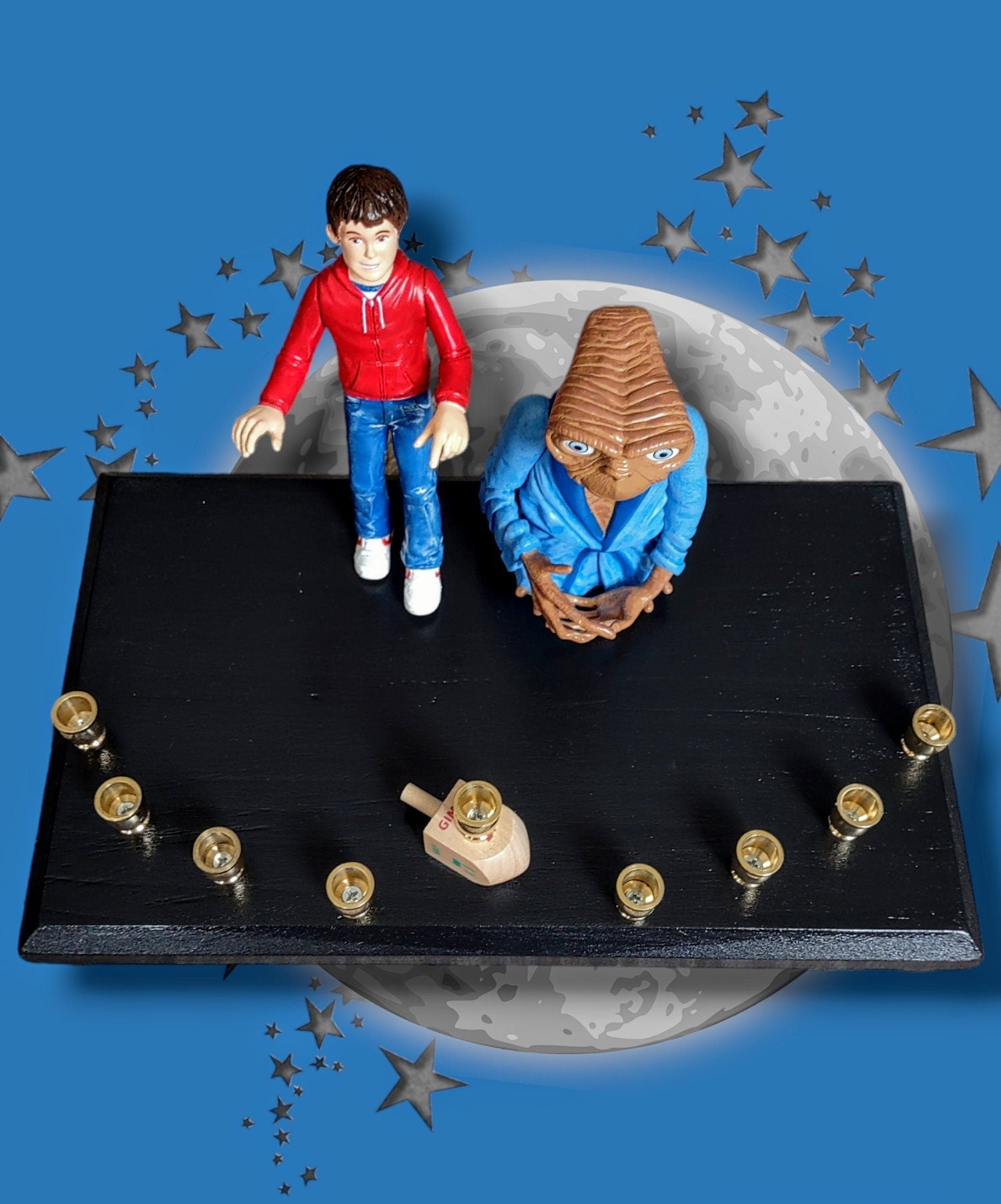 Collector E.T. menorah — E.T. and Elliot figures on painted plaque with wood feet | Judaica Square Lakewood (view 2)