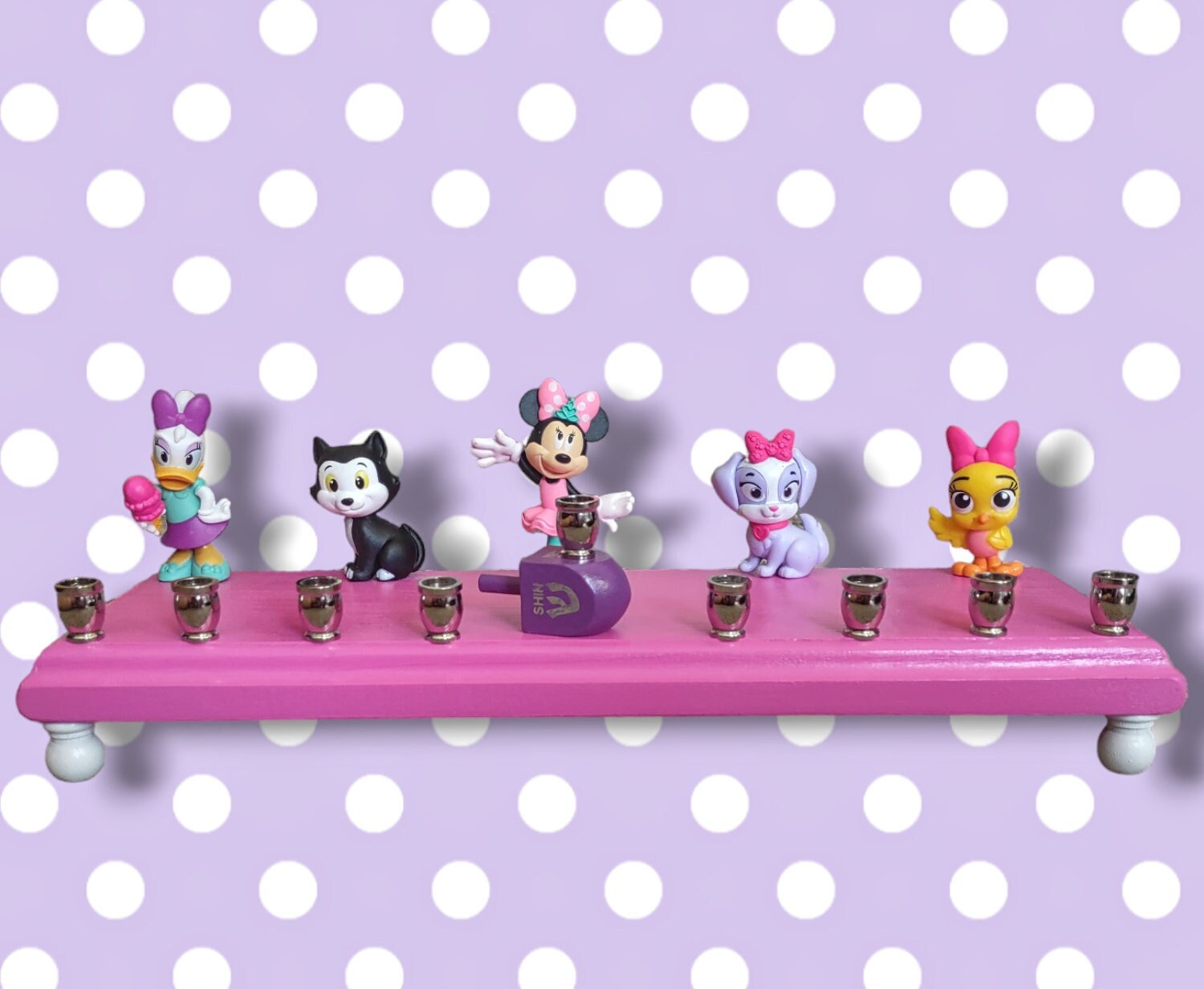 Minnie Mouse and Daisy menorah — repurposed figures with aluminum candle cups | Judaica Square Lakewood (view 2)