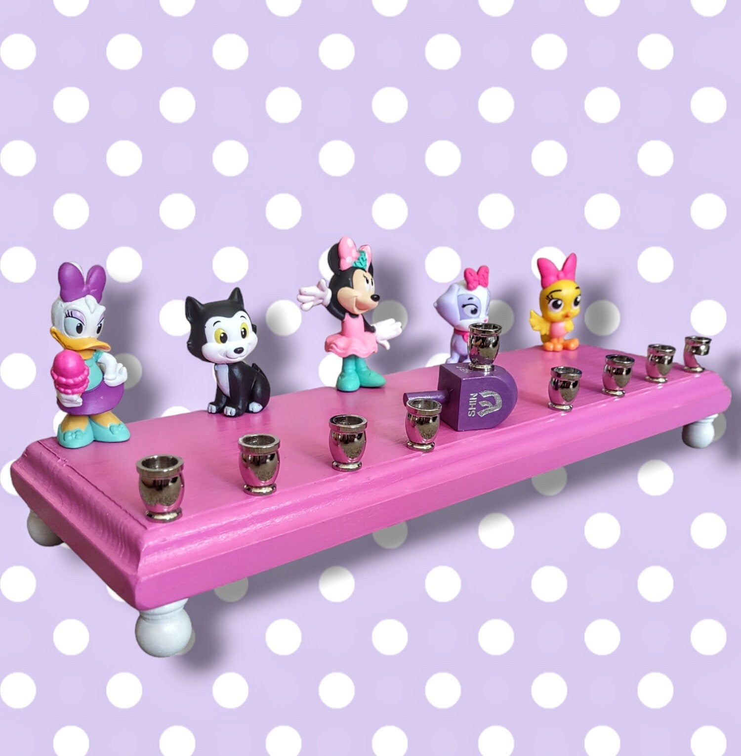 Minnie Mouse and Daisy menorah — repurposed figures with aluminum candle cups | Judaica Square Lakewood (view 3)