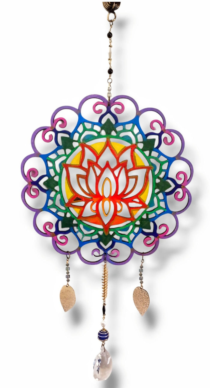 Lotus Mandala Suncatcher — painted spinning mandala with beaded tail | Judaica Square Lakewood