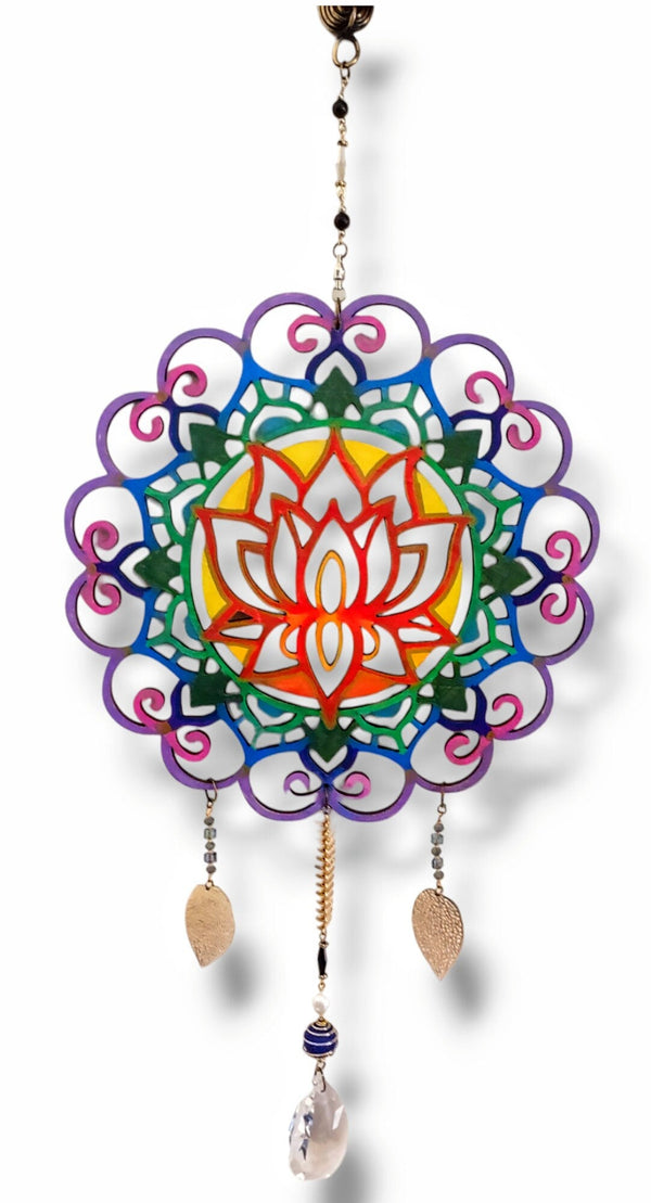 Lotus Mandala Suncatcher — painted spinning mandala with beaded tail | Judaica Square Lakewood